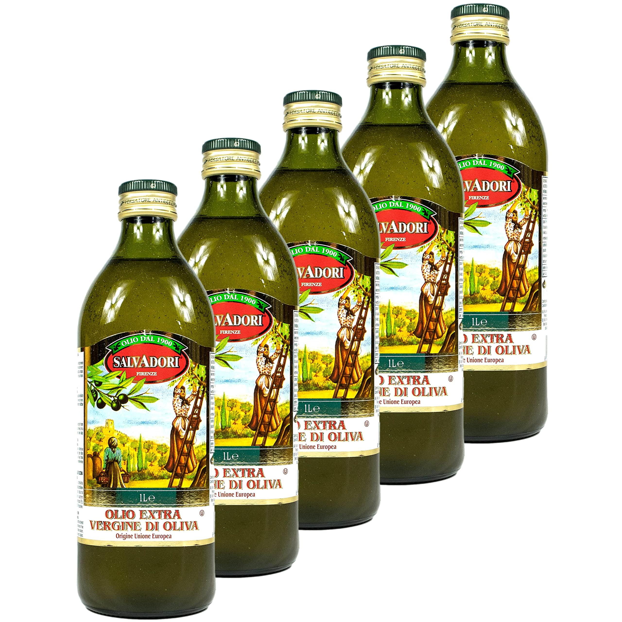 Salvadori - 5er Pack extra natives Olivenöl 1 Liter Glasflasche - Original Olio extra Vergine di Oliva aus Italien