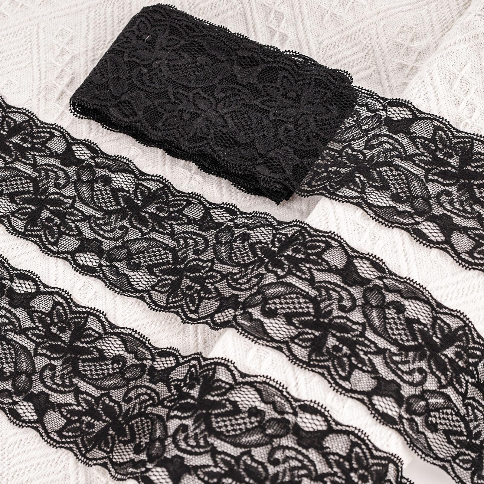 VGOODALL 3 Inch Black Lace Ribbon, 10 Yards Wide Lace Trim for Sewing Elastic Floral by Roll for Bridal Wedding Decoration DIY Sewing Craft Gift Wrapping Supply