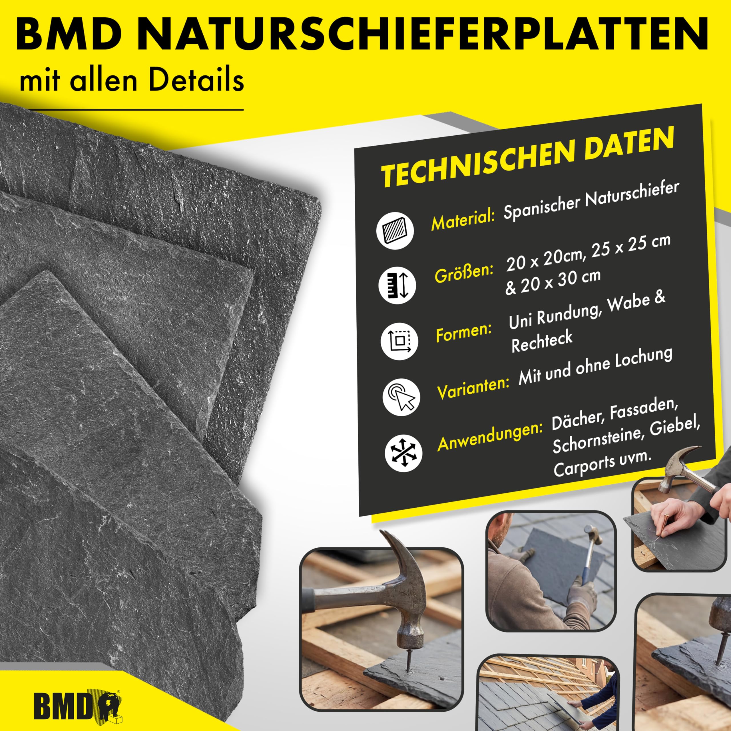 1m² (40 Stück) Naturschiefer 20x20cm Uni | 1. Wahl | 4 Größen | spanischer Markenschiefer für Dach & Fassade | Universal Schiefer Schornstein Gaube | Dachdecker Qualität 1. Sortierung