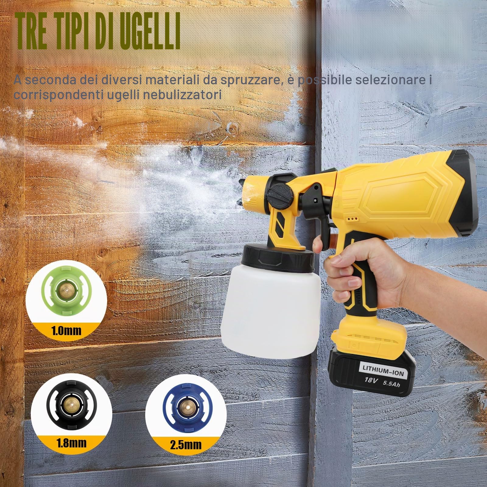 ASUNCELL Pistola Elettrica per Verniciatura, Sistema di Verniciatura a Spruzzo a Batteria con 2X Batterie da 5500mAh, Serbatoio da 1000ml, 3 Ugelli e 3 Modalità di Spruzzo