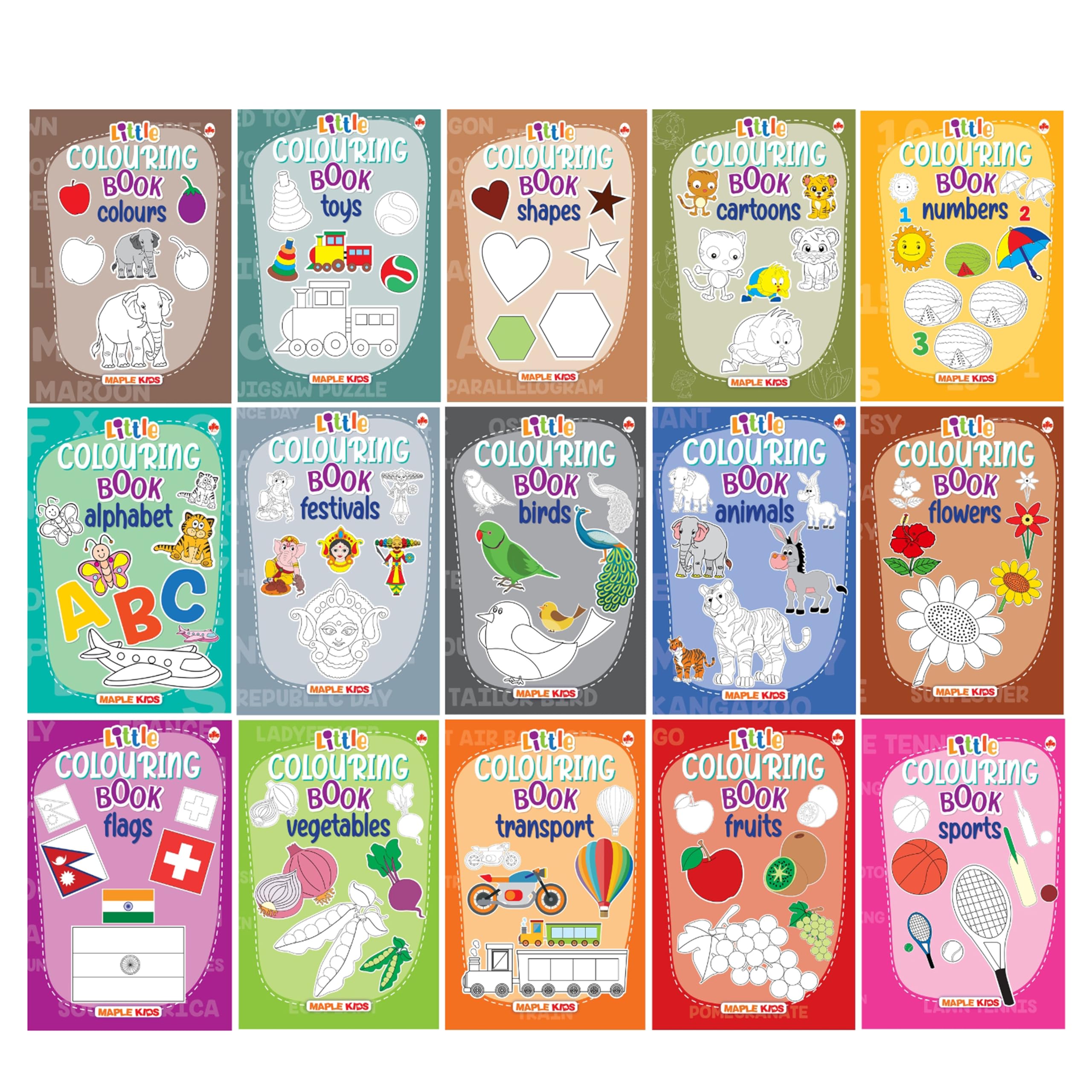 Little Colouring Books for Kids (Set of 15 Books) - Gift to children for painting, drawing and colouring - Shapes, Colours, Cartoons, Alphabet, Animals, Birds, Toys, Vegetables, … - 3 to 6 years old