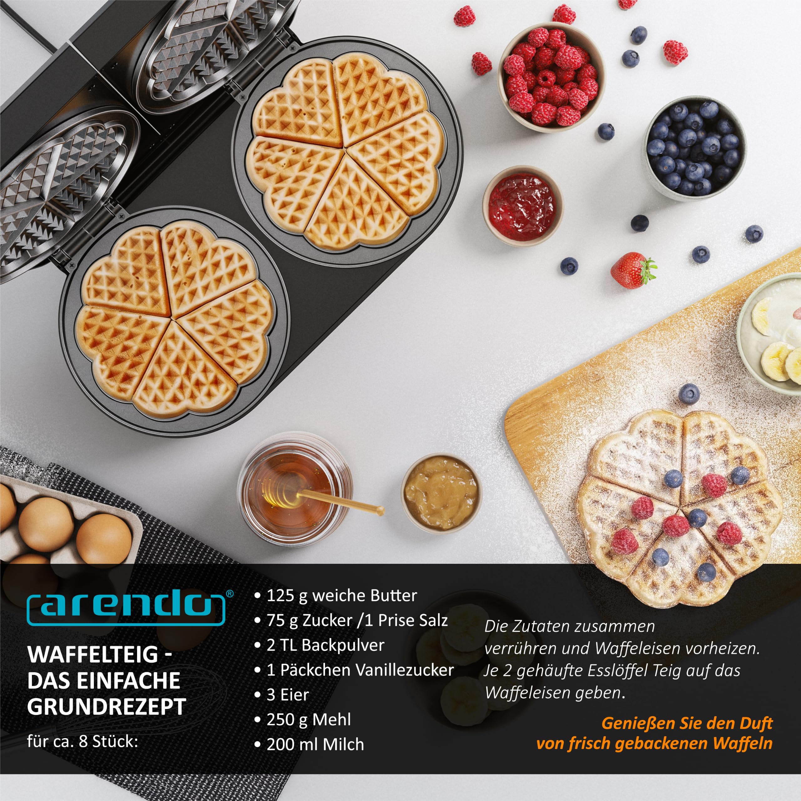 Arendo - Waffeleisen doppelt - Herzform - 2 Zonen - Temperaturregler - Antihaftbeschichtung – 1400 W - Edelstahl - silber/schwarz - BPA frei