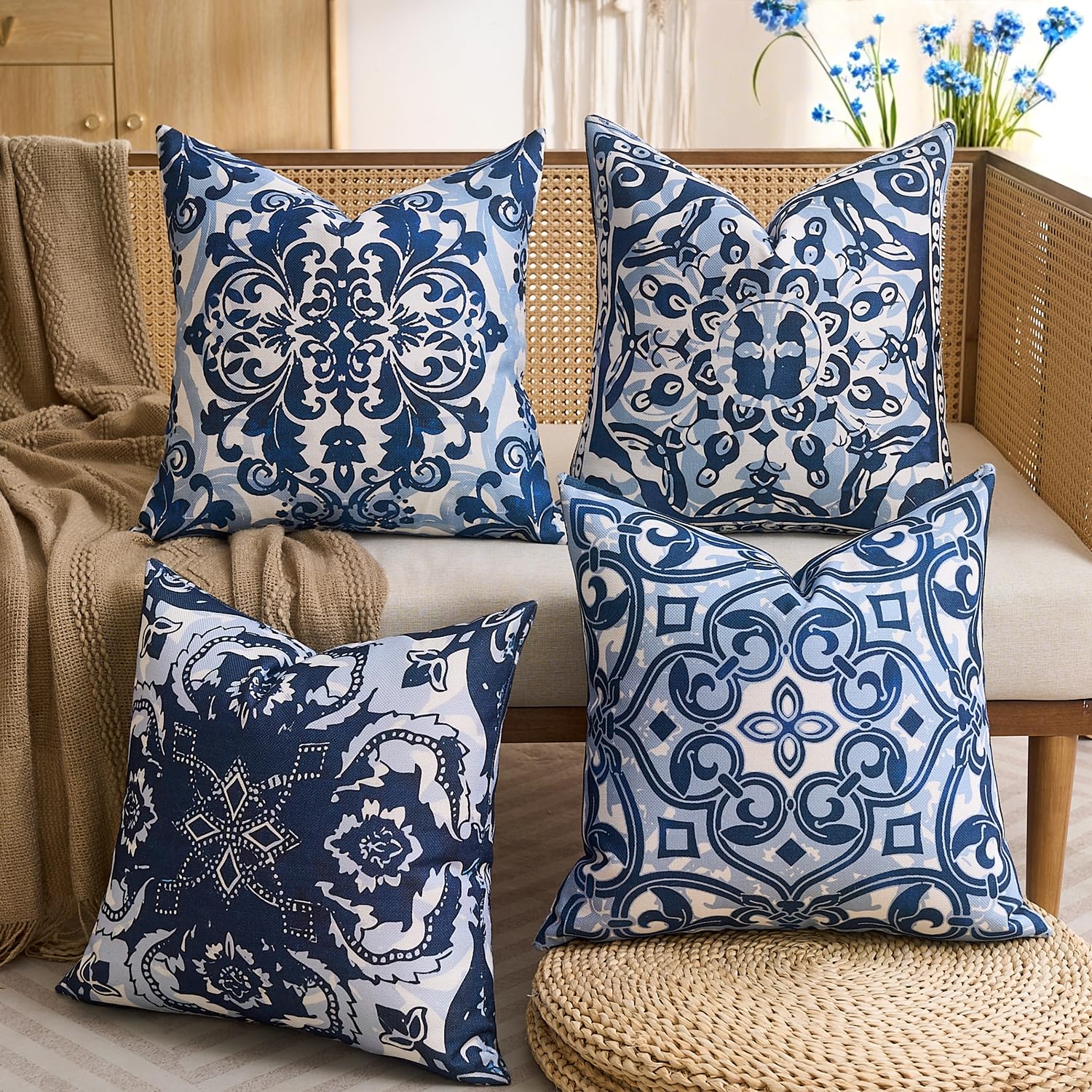 Fundas De Almohada Bohemias 40x40 Cm - Lino De Poliéster, Color Azul, Cremallera Invisible