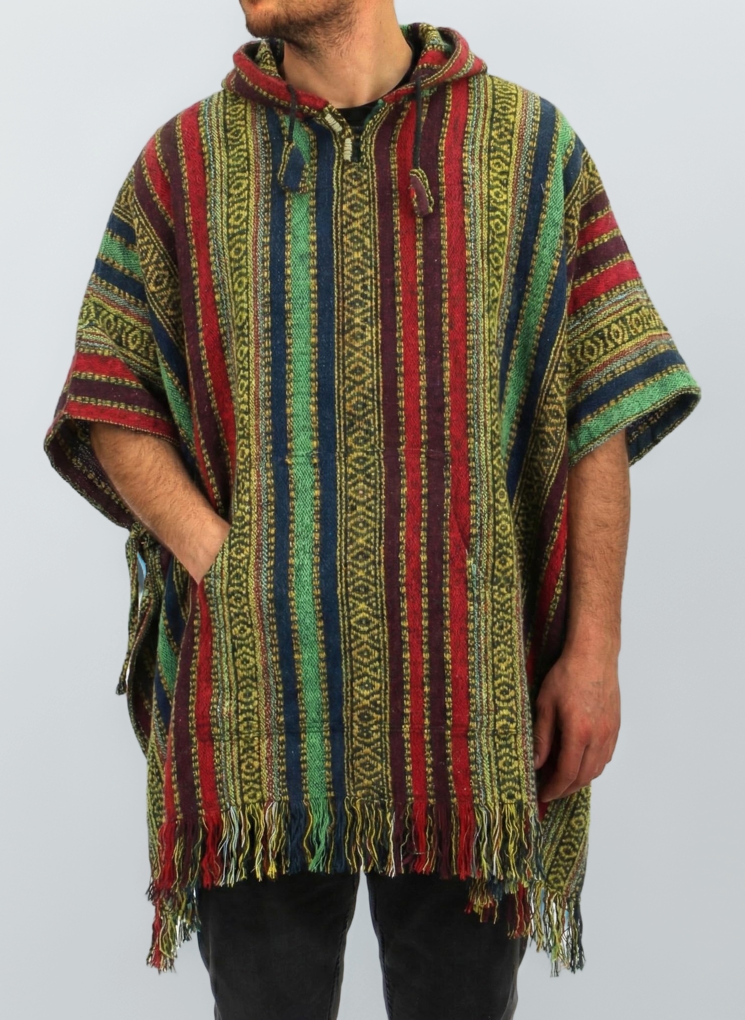 100% Woven Cotton Mexican Style Hooded Poncho Unisex One Size For Camping Festivals Fireside