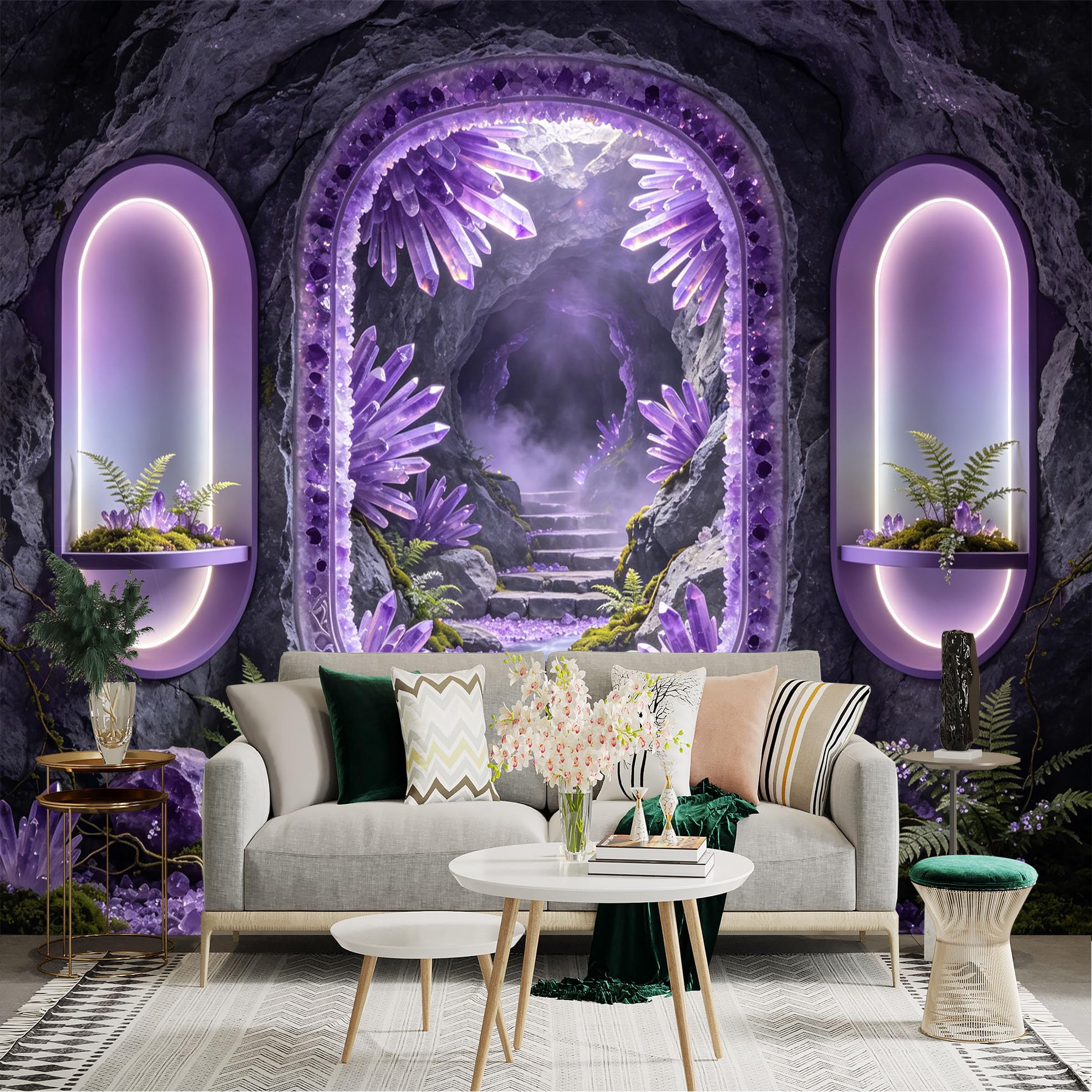 Custom Size Wall Sticker Mural， Purple Crystal Cave with Water Stream and Glowing Rocks， for wall Decoration， peelandstick wall Decals.