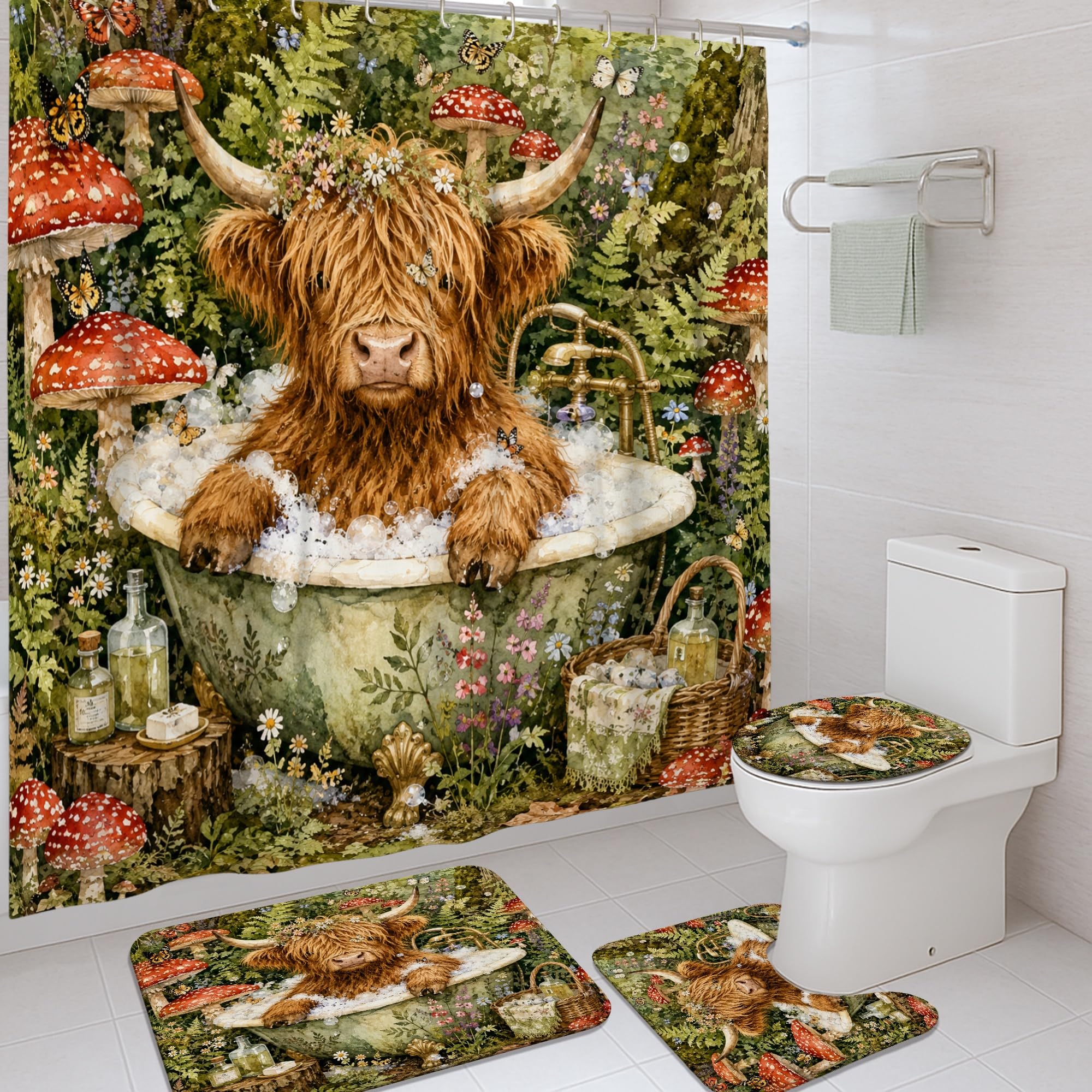 Rideau de douche imprimé nature avec tapis pour créer une ambiance cottage écossais bucolique
