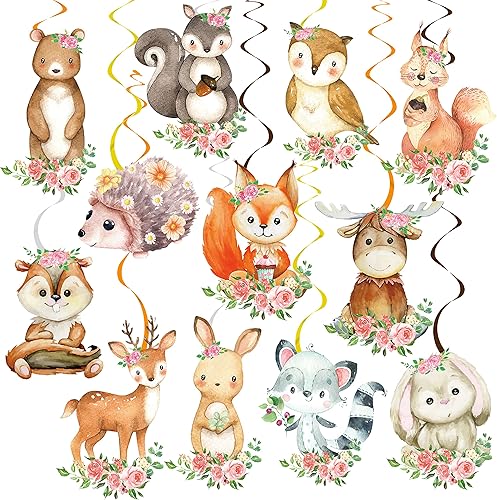 Decoraciones de fiesta de bosque, 20 piezas de animales del bosque, remolinos colgantes, animales del bosque, decoraciones de techo para decoración