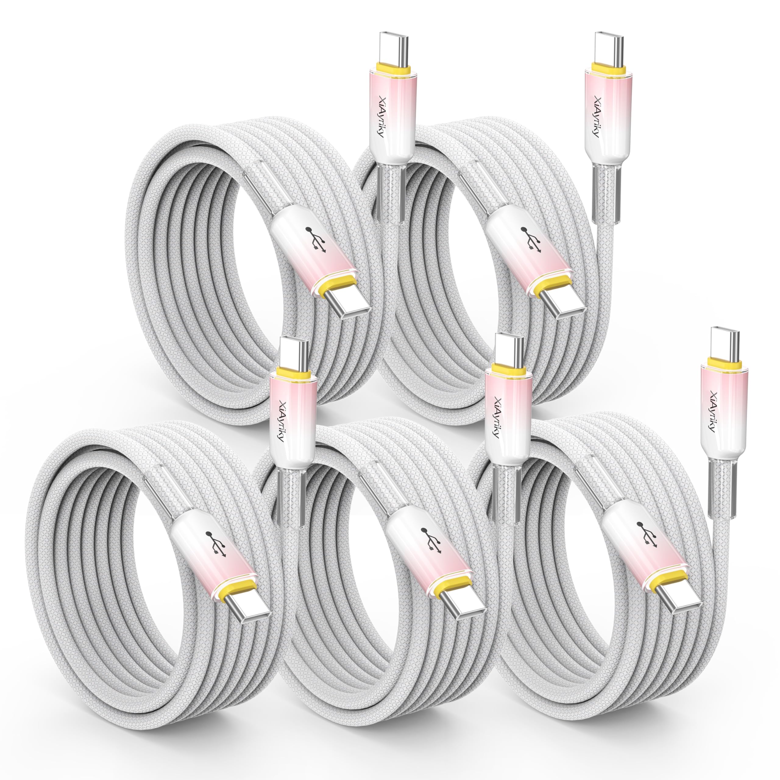Confezione da 5 cavi USB C da 4,6 m, ricarica rapida da 60 W e trasferimento dati USB 2.0 da 480 Mbps, cavo USB C intrecciato bianco rosa sfumato, cavo di tipo C per iPhone 17/16/15, Samsung Galaxy