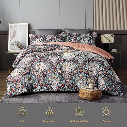 Miniatura 2 de Juego de edredón tamaño King, ropa de cama floral, juego de edredón bohemio, ligero para todas las estaciones, para cama tamaño King, estilo