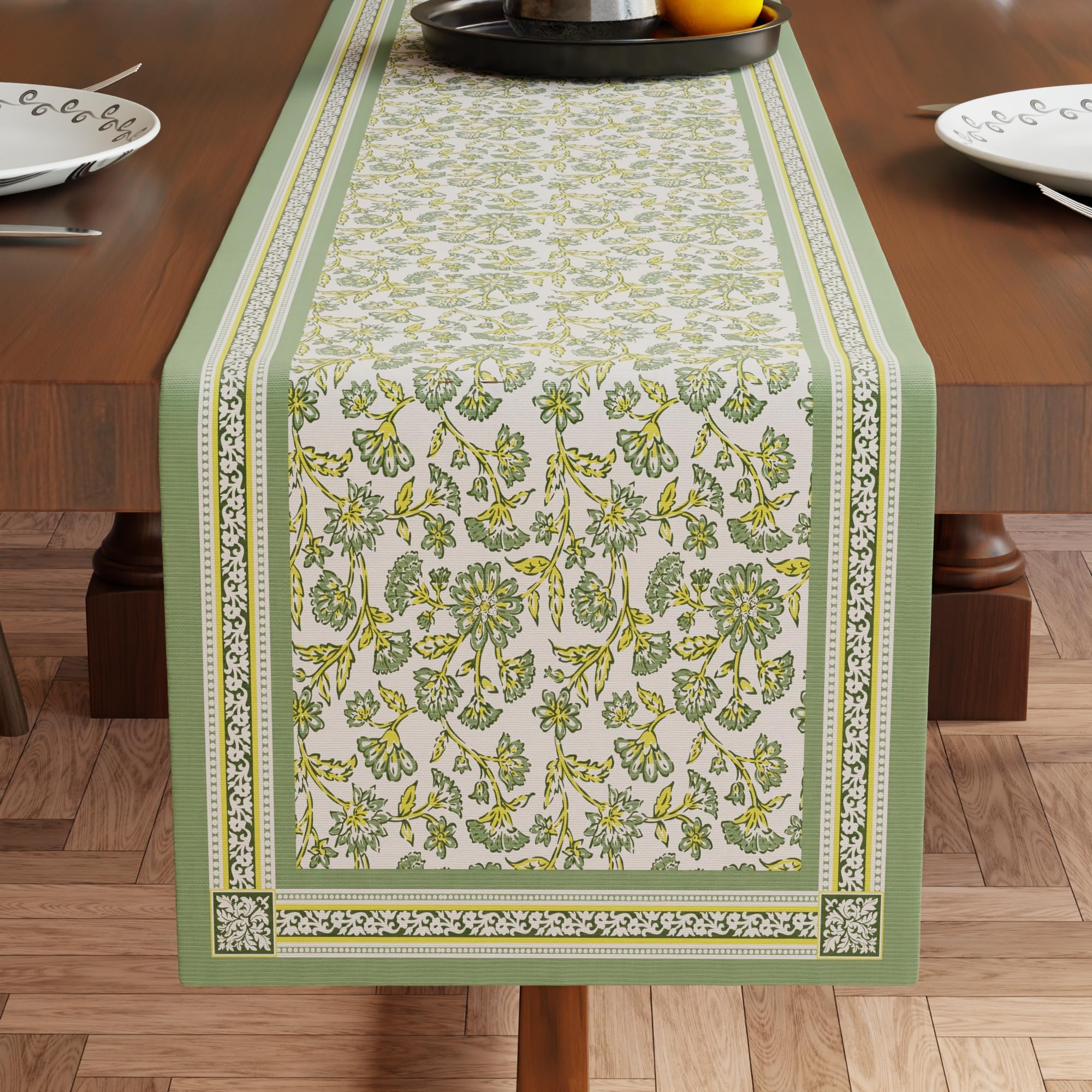 Encasa XO DiningTable Runner | Sage-02 Block Printed Cotton Canvas | 32x150 cm | Jaipur Sanganeri Hand Print