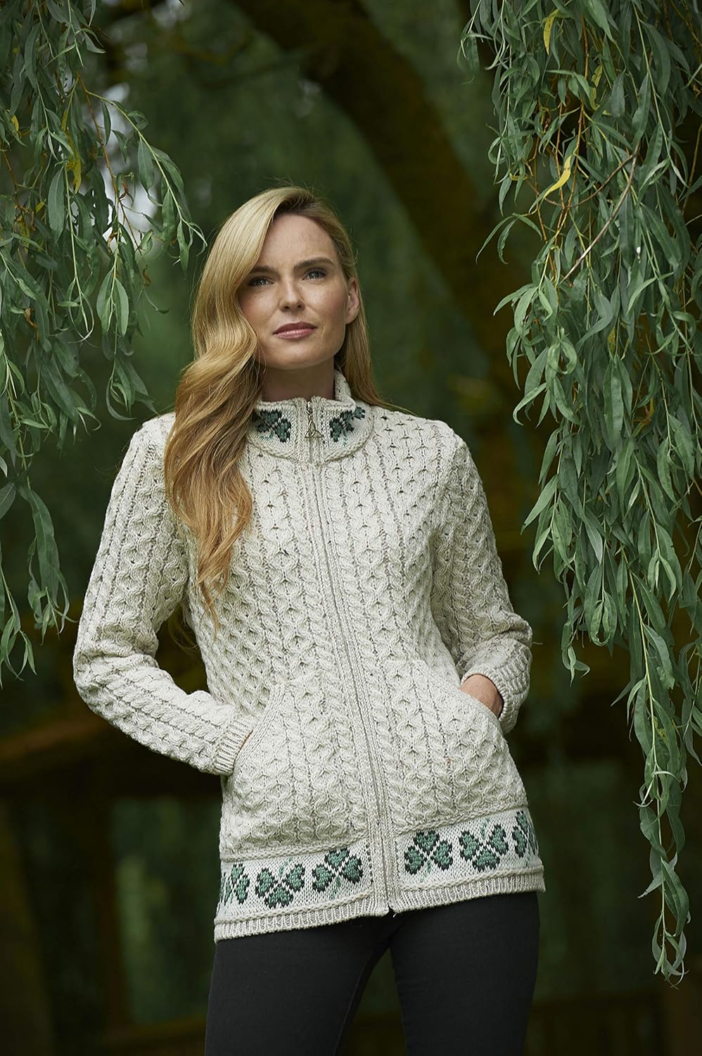 Aran Crafts Women's Cable Knit Soft Shamrock Zip Cardigan (100% Merino Wool)