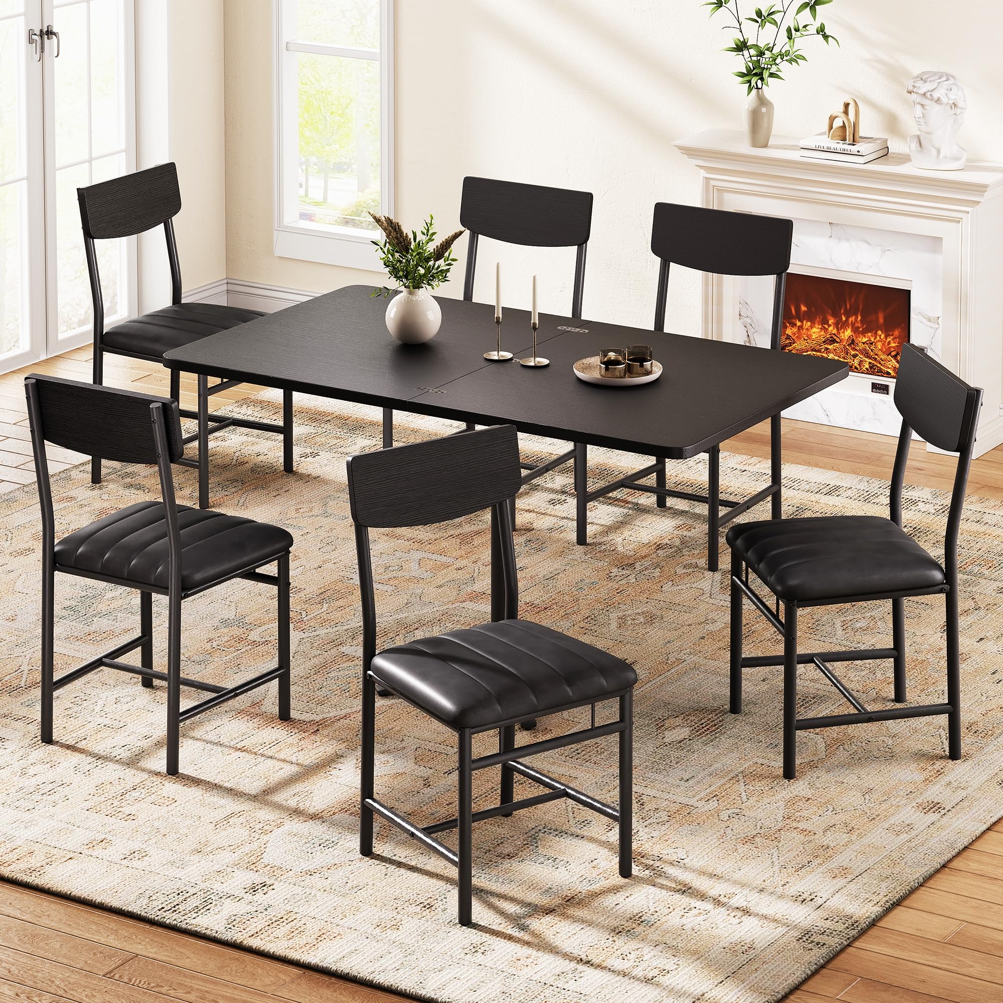 Photo 1 of * missing table Industrial Dining Chairs Set of 6 - Upholstered Dining Room Chairs with PU Leather, Kitchen Chairs with Wooden Backrest and Thickened Metal Legs, for Dining Room, Living Room (6, Classic Black)