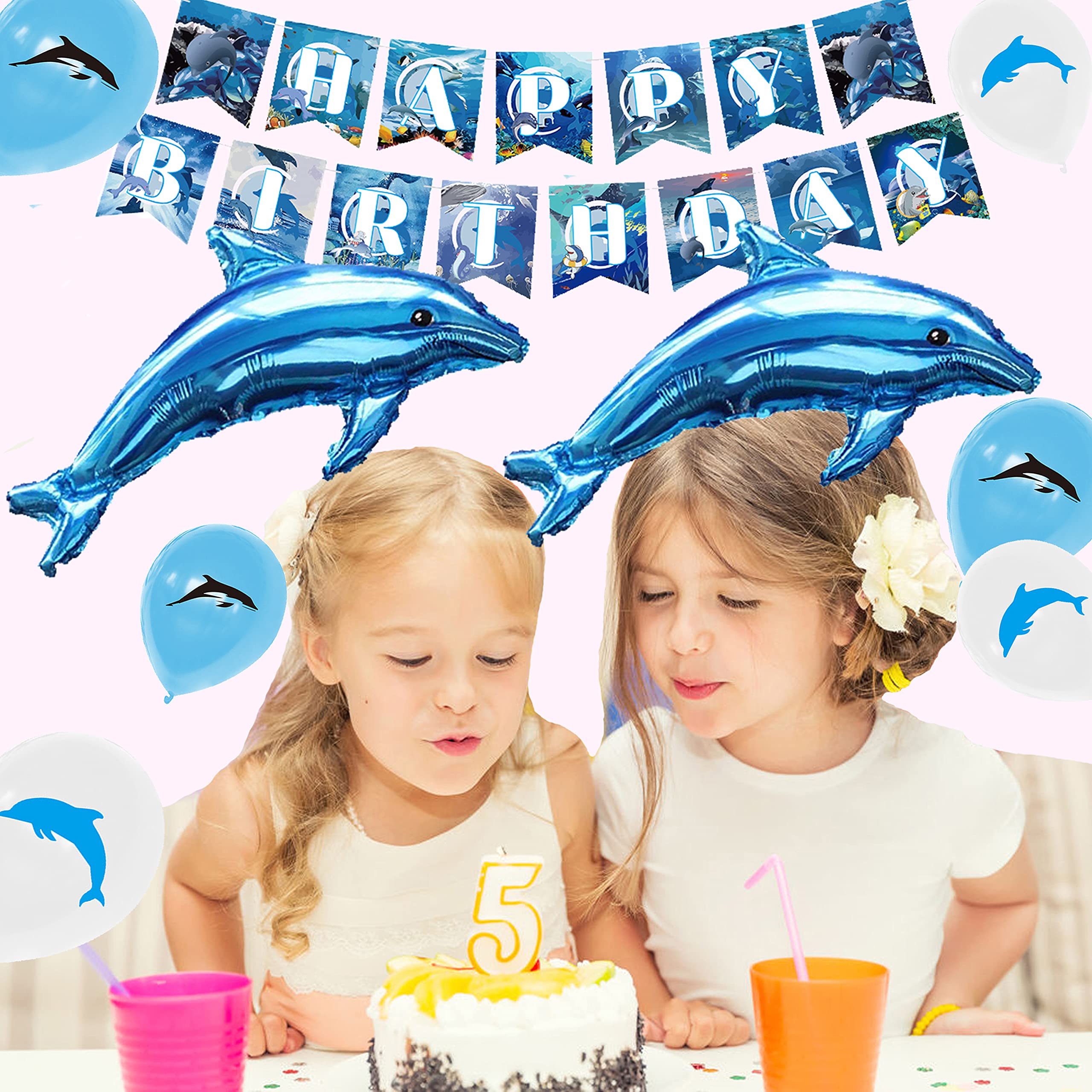 Weenkeey 7th Dolphin Birthday Balloons Giant Dolphin Aluminum Foil Balloon Number 7 Mylar Balloon Ocean Animals Balloons For Ocean Theme Party Supplies Boys Birthday Décor - Light Blue