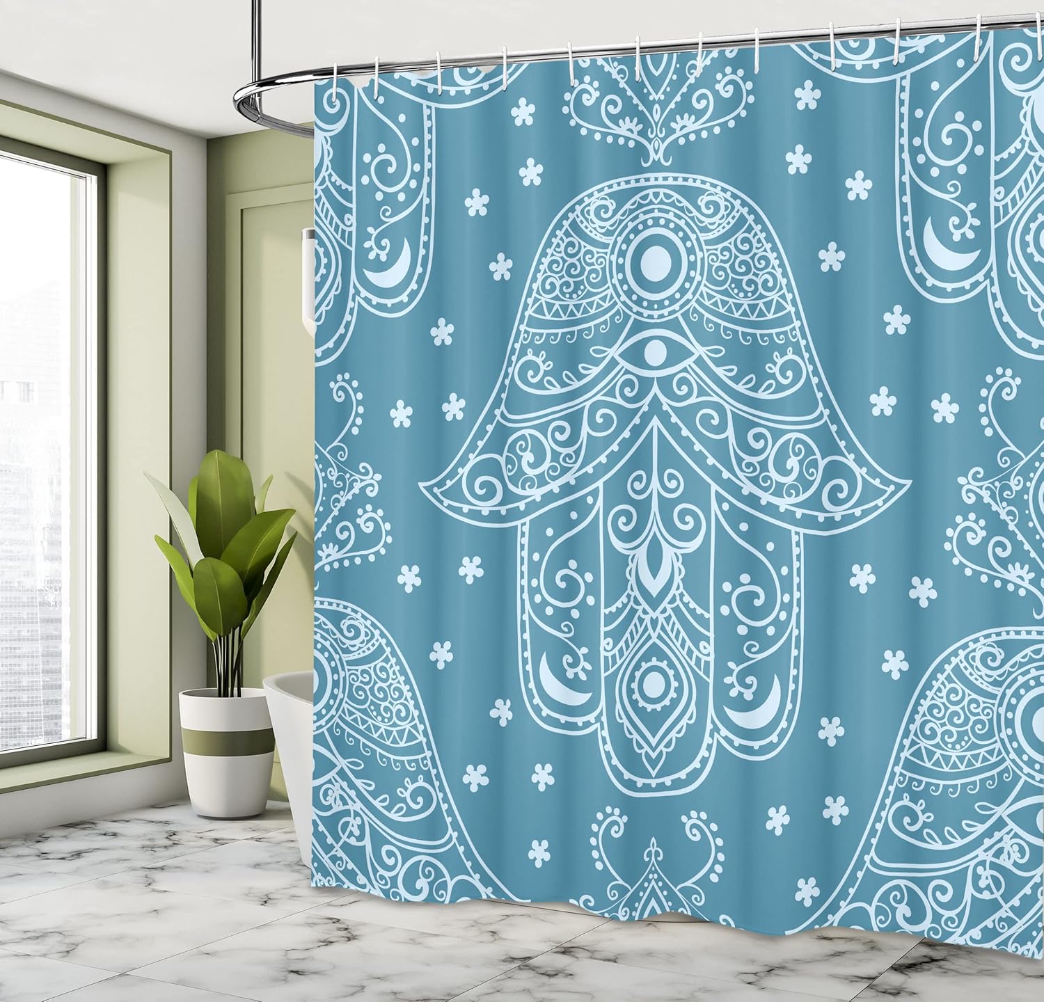 Ambesonne Hamsa Shower Curtain, Egyptian Boho Hand Shape Pattern Eye Design Bridal Night Inspired Art, Cloth Fabric Bathroom Decor Set with Hooks, 69" W x 70" L, Sea Blue