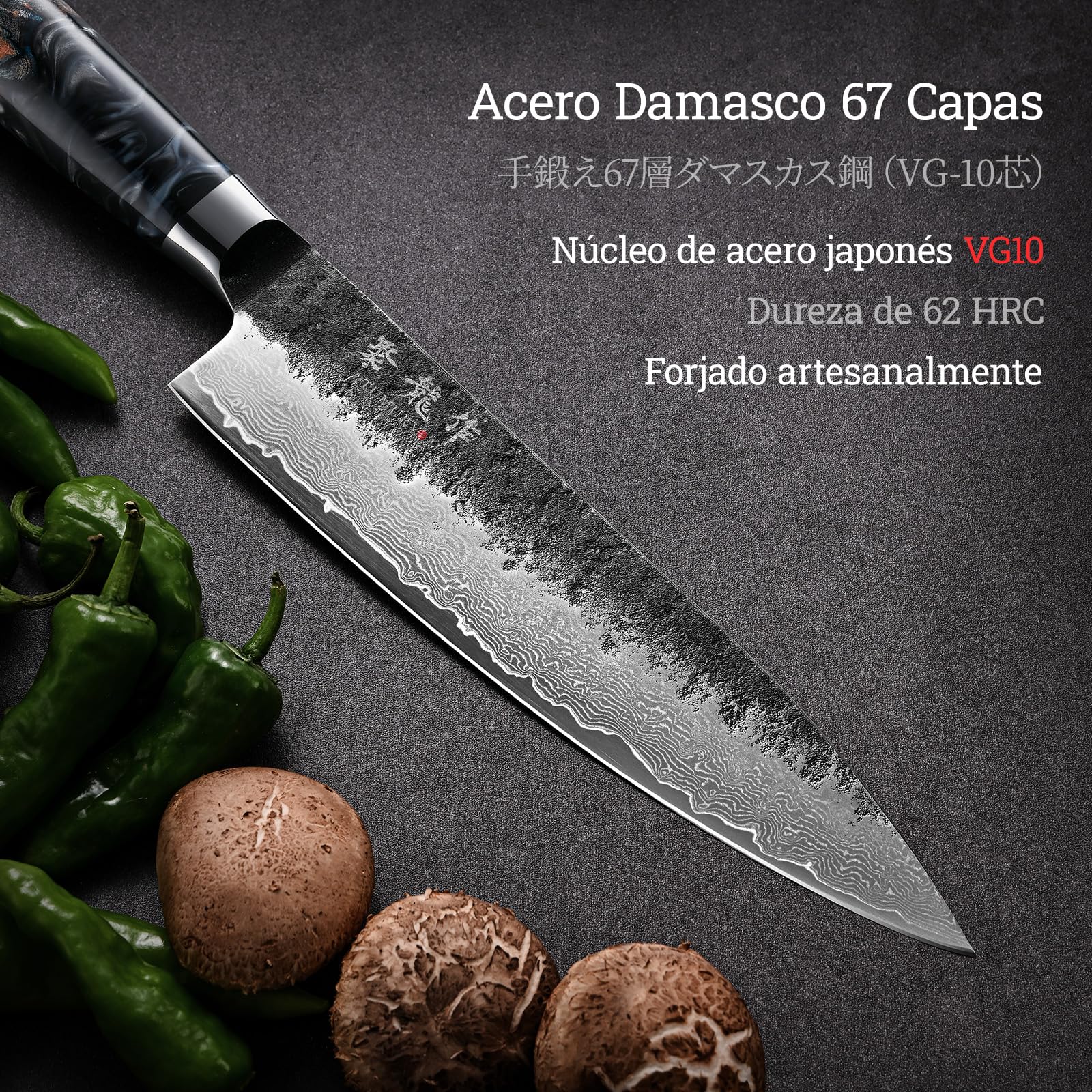 Cuchillo Japonés Profesional 20cm, Cuchillo Damasco de Acero VG10 de 67 Capas, Cuchillo Chef Afilado para Verdura y Carne, Mango Ergonómico con Funda de Cuero y Caja de Regalo, Regalo de Lujo