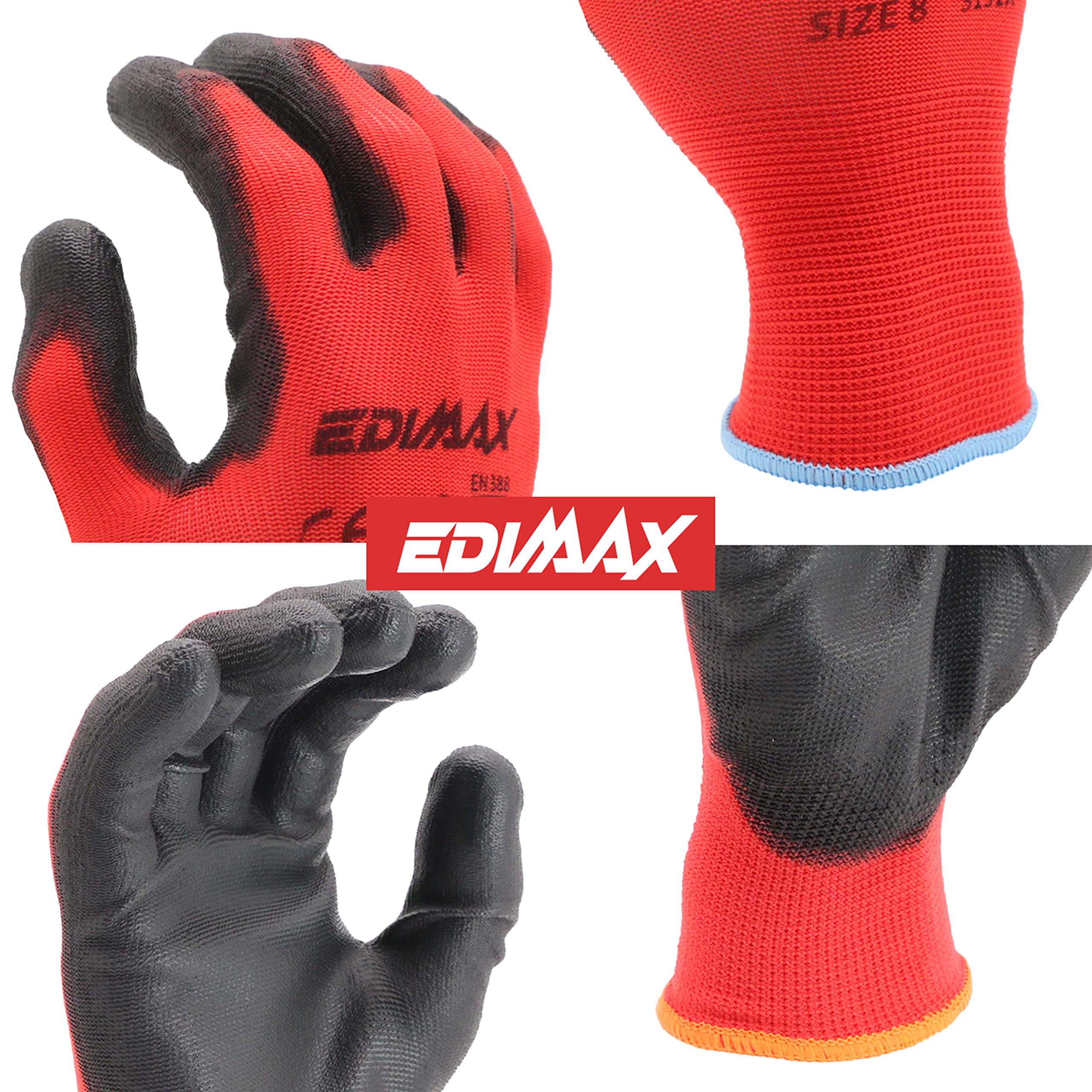 EDIMAX, Guanti da Lavoro, 12 Paia di Guanti, Resistenti all'Abrasione e Antitaglio Livello 2, Rivestiti in nylon PU, Versatile, Protezione Meccanica e Industriale