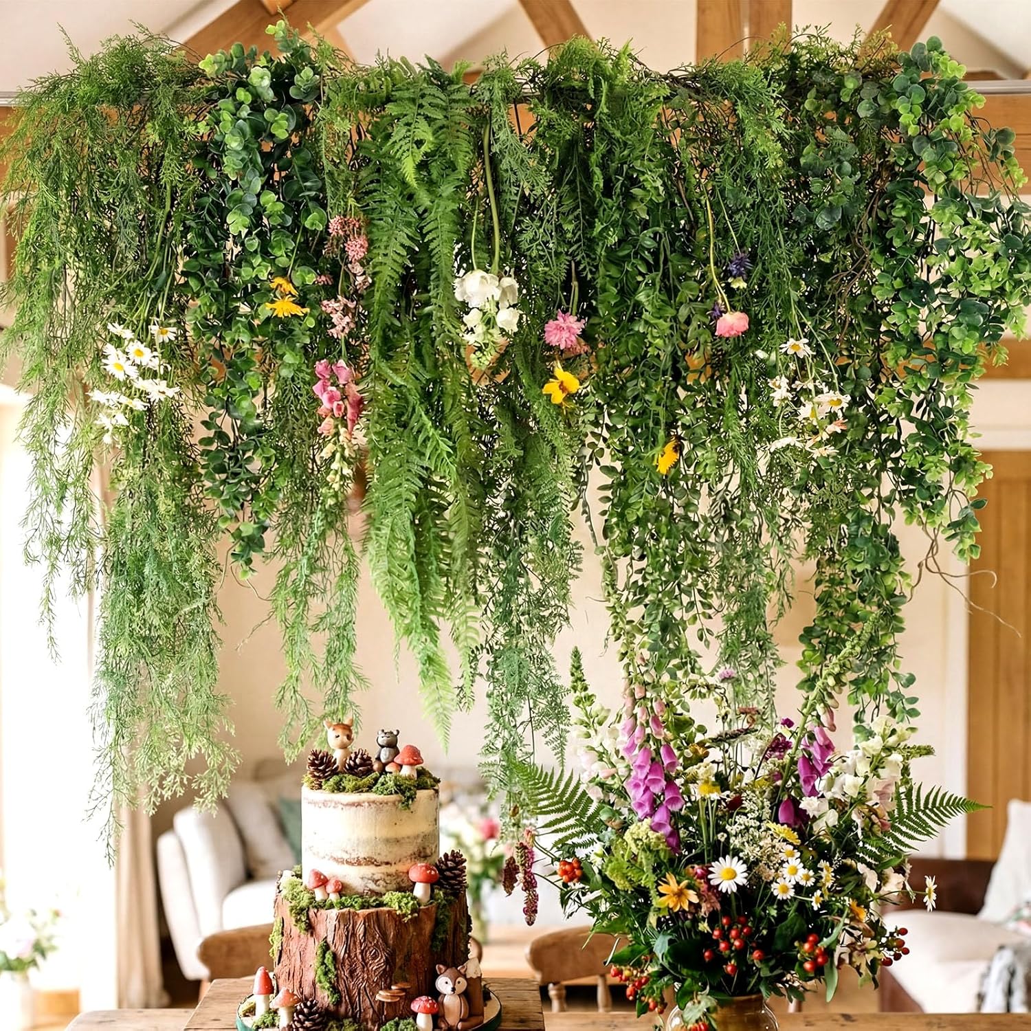 Dingion 6 Pack Artificial Hanging Plants, Fake Greenery Eucalyptus Leaves 41.73 in Large Fake Greenery Plants Persian Black Mondo Grass for Wedding Bridal Shower Home Wall Garden Decoration