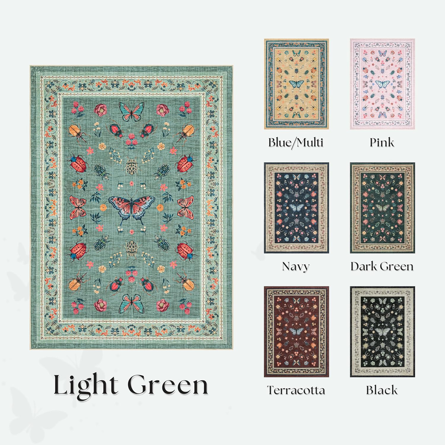 Light Green Insect Rug Runner 2x6 Vintage Cottage Floral Butterfly Rugs for Hallway Girl Bedside Low Pile Floor Carpet for Kitchen Machine Washable Non Slip Rug Bathroom 2 x 6