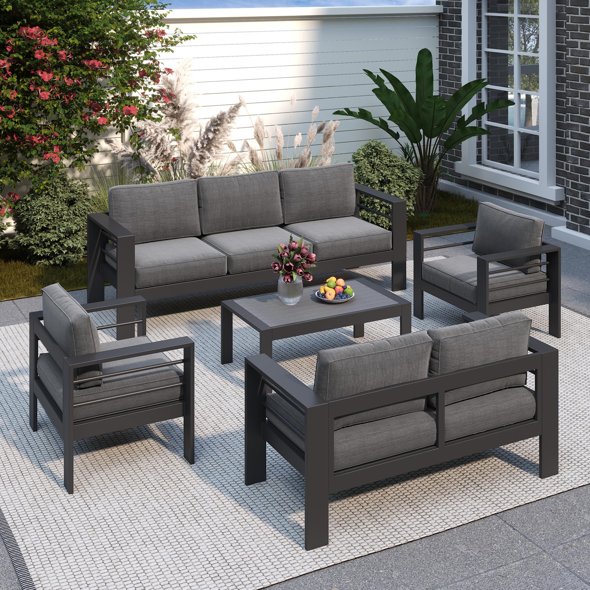 Solaste Aluminum Patio Furniture Set,7 Seats Modern Outdoor Conversation Set Metal Patio Furniture Set Sectional Sofa with Upgrade Cushion and Coffee Table,Dark Grey