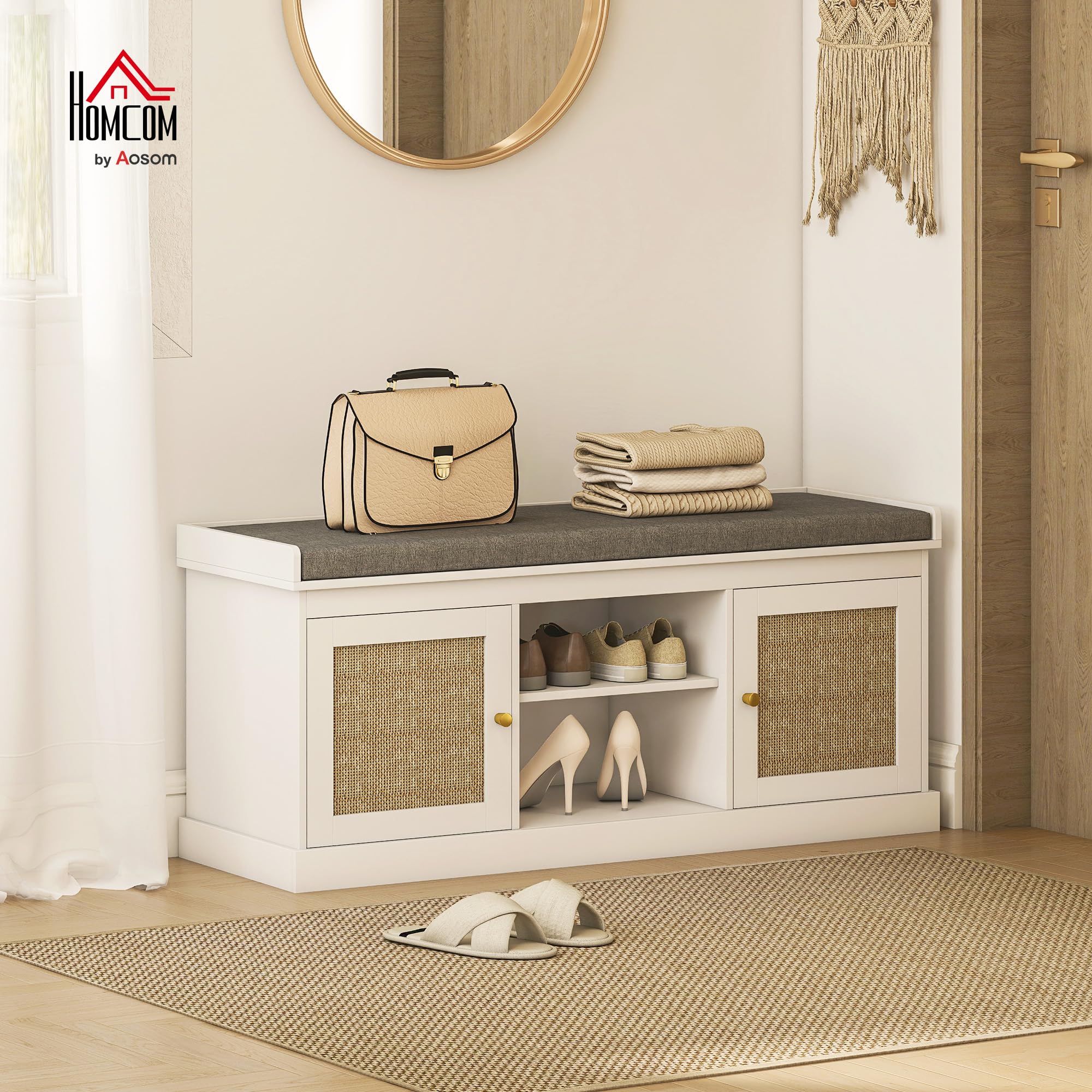 HOMCOM Banco Zapatero con Asiento Acolchado Bohemio 105x35x47 cm Blanco | Mueble Zapatero, Banco Recibidor, Puertas Frentes de Ratán, Estante Abierto, Estante Ajustable, para 9 Pares de Zapatos