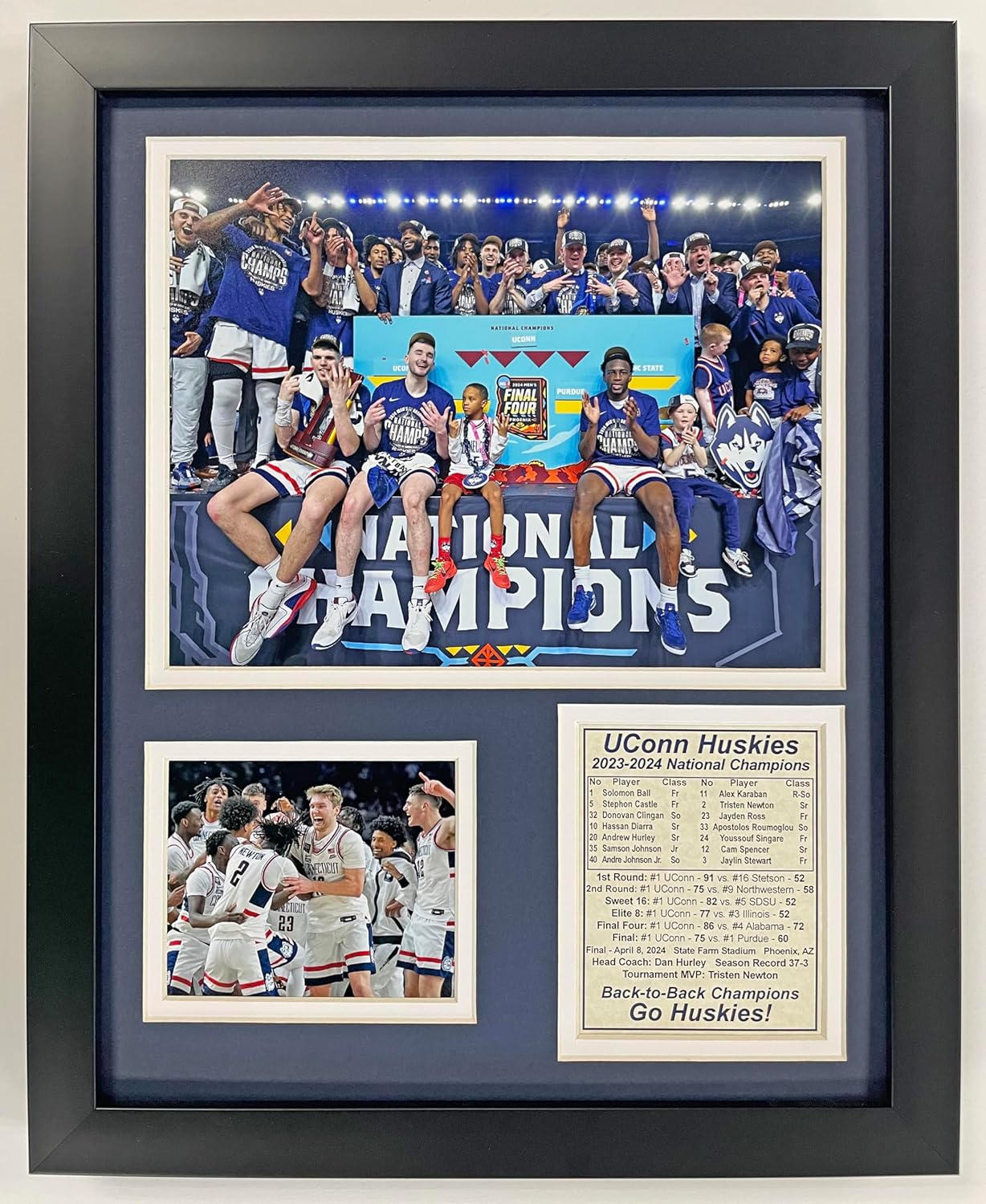 Legends Never Die, Inc. Connecticut Huskies Basketball | 2023-2024 Men's College Basketball Champions | 12"x15" Framed Photo Collages (Podium)