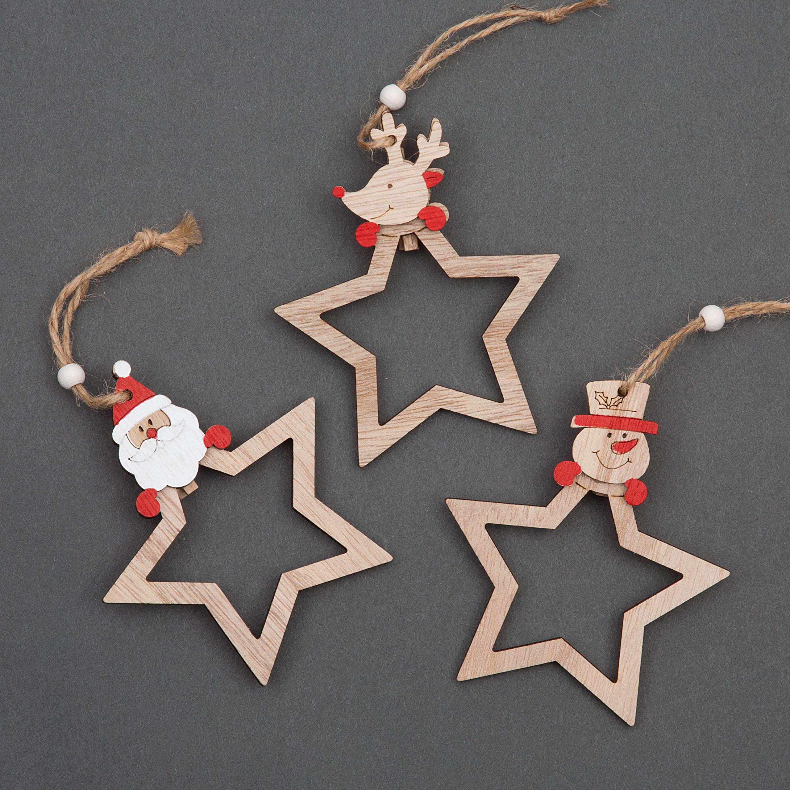 SHATCHI Christmas Tree Ornaments Wooden Aesthetic Hanging Decorations set of 3 pcs Xmas DIY Holiday Home Décor – Star Shape Santa, Reindeer, Snowman pieces(9cm)