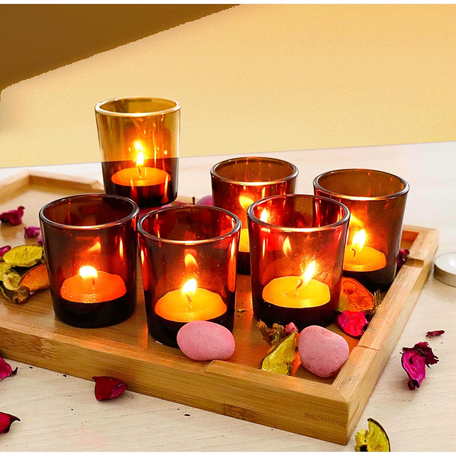 Diwali Sale Pure Source India Set Of 6 Glass Votive Tealight Candle Holders - Living Room Side Table Home Decoration (Glass, Pack Of 6, Yellow) 2 Diwali Sale Pure Source India Set Of 6 Glass Votive Tealight Candle Holders - Living Room Side Table Home Decoration (Glass, Pack Of 6, Yellow)