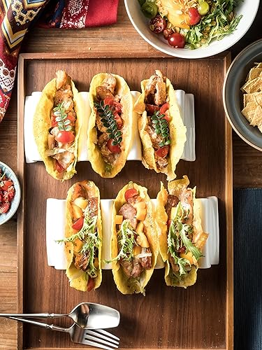 Miniatura 8 de Juego de 2 soportes para tacos, bandeja grande de porcelana para tacos con asas, platos reutilizables y apilables, perfectos para burritos y
