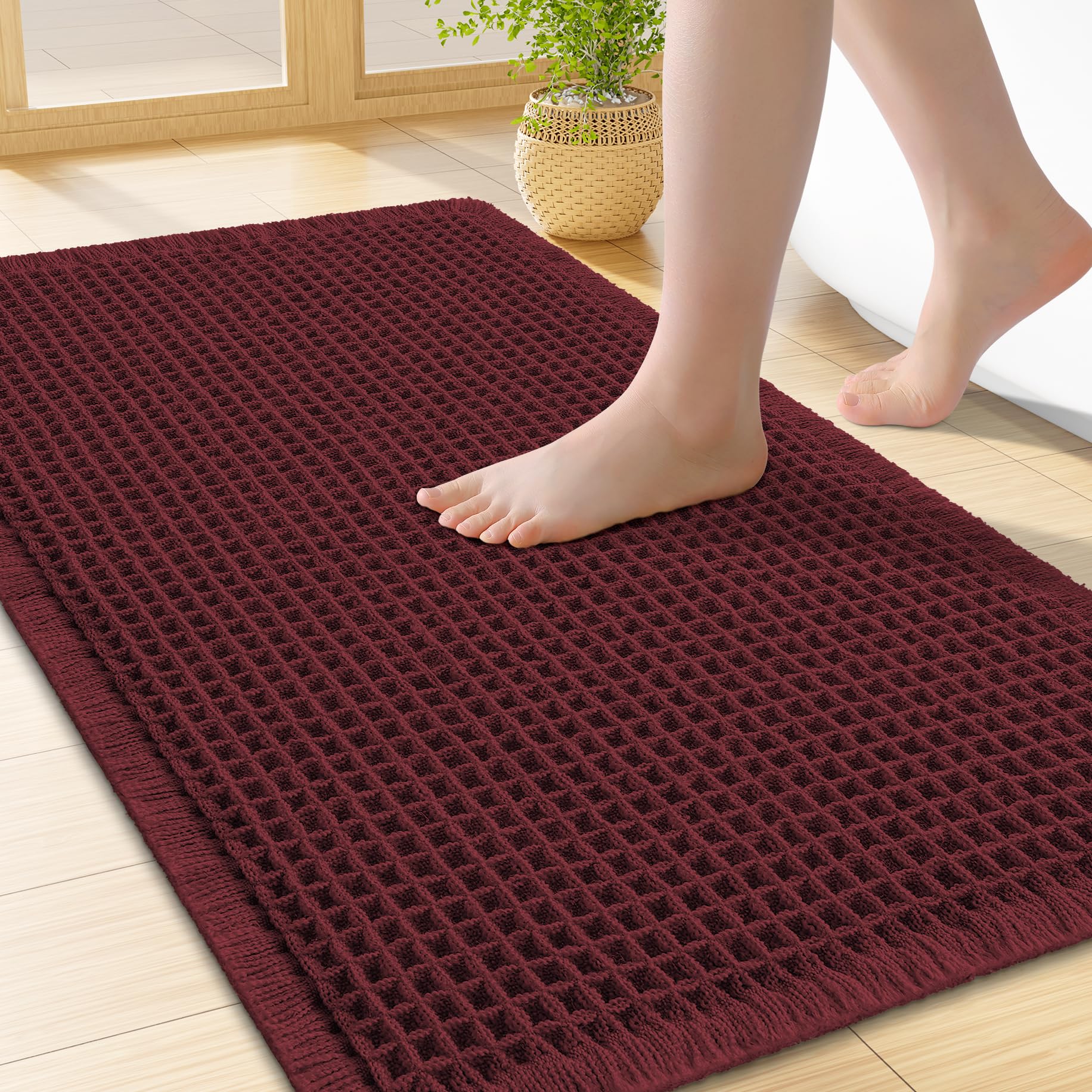 Smiry Waffle Bath Mat 24X16, Extra Soft Absorbent Bathroom Rugs, Burgundy
