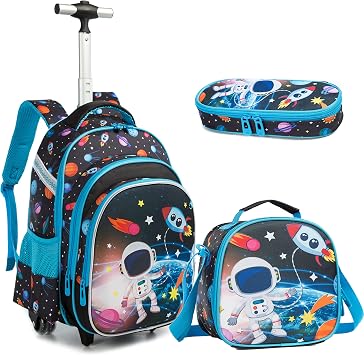 Rolling Backpacks Kids Backpack with Wheels for School Bags Luggage With Wheels Trolley Wheeled Backpacks for Boys 3PCS 16 Astronaut Pattern Travel Bags Boys Backpack With Lunch Box Blue