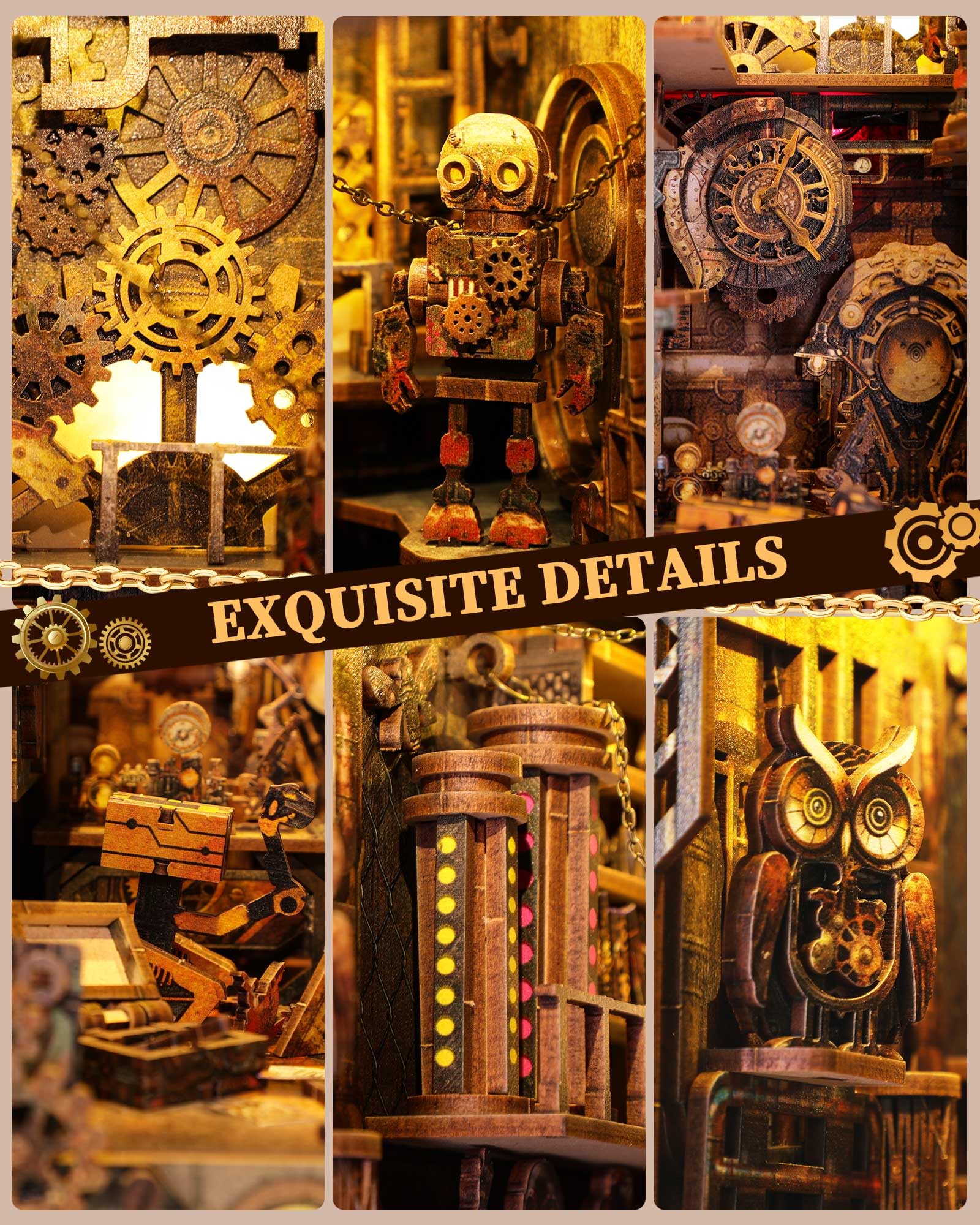 RONSTONE Book Nook - DIY Booknook Casa Delle Bambole in Miniatura con Coperchio Antipolvere - Inserto per Libreria con Luce a Led - Puzzle in Legno 3D STEAMPUNK Regalo per Adulti