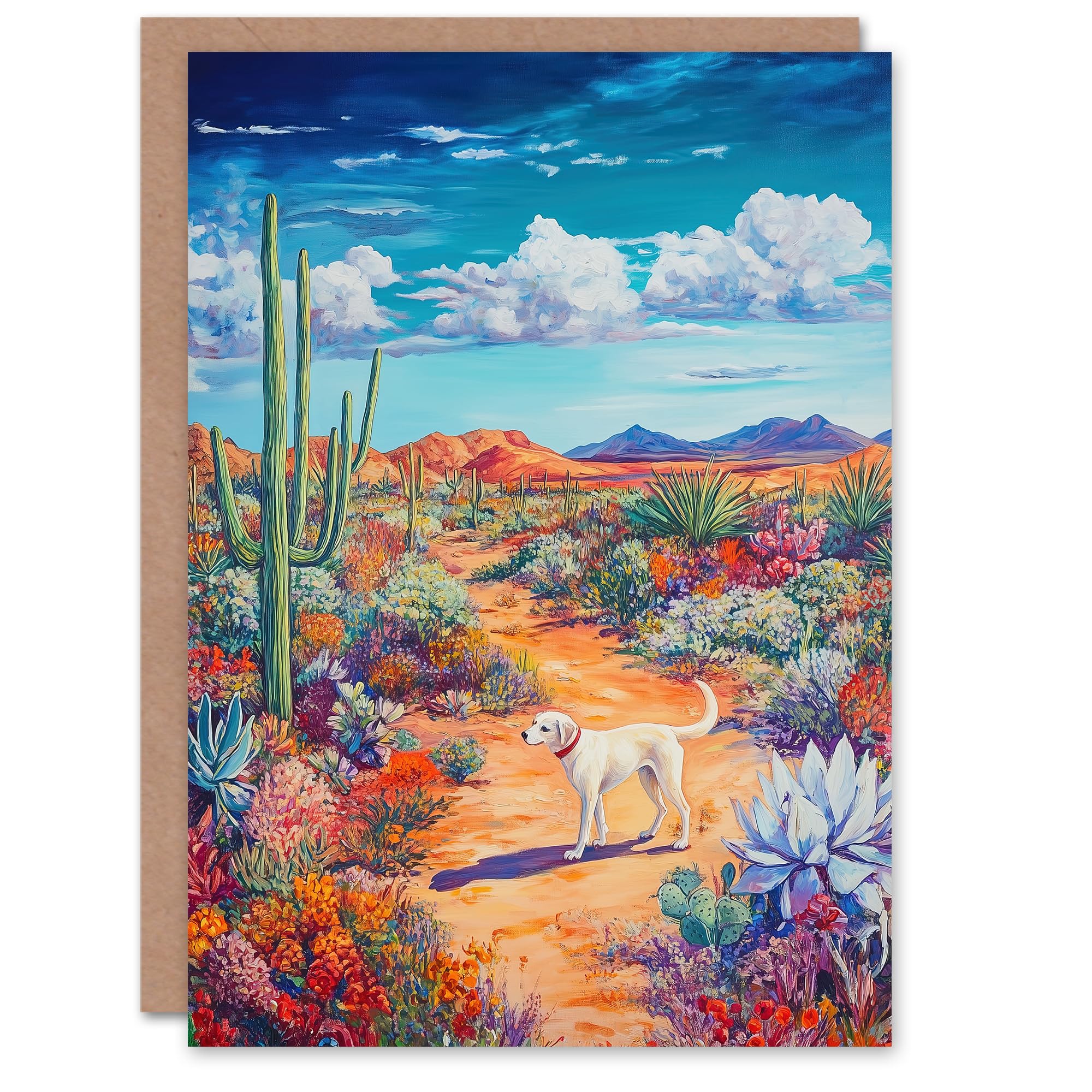 Artery8 Greeting Card White Labrador in Blooming Cacti Oasis Dog Lover Blank For Him Or Her Art Birthday Card