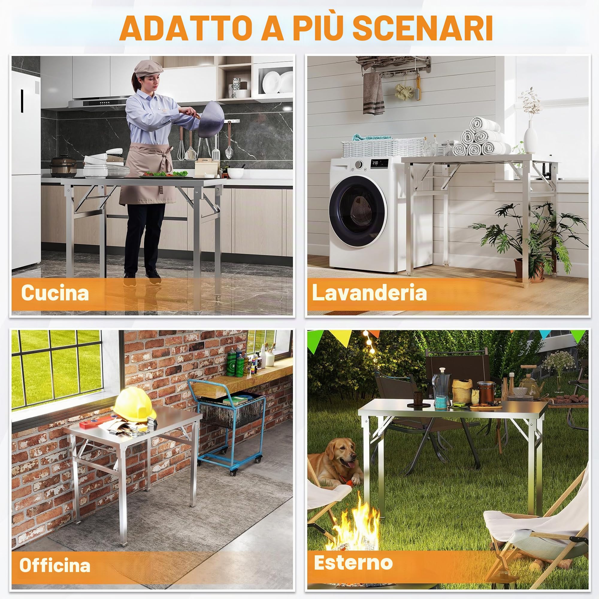 LZQ Tavolo da lavoro in acciaio inox, 60 x 100 x 85 cm, tavolo pieghevole con telaio stabile per cucina, bar, ristorante
