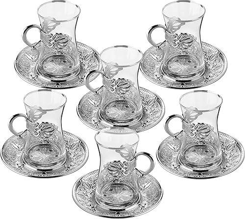 Miniatura 5 de Vasos y platillos de té turcos, juego de té de vidrio turco para 6, tazas de té y platillos de vidrio transparente, juego de tazas de té turco con
