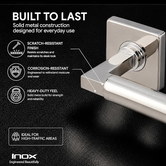 INOX Aurora Privacy Door Lever Set with Square Rosette, Polished Stainless Steel Interior Door Handle, 2-3/4 Backset