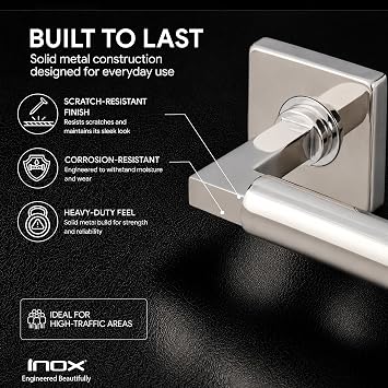 INOX Aurora Privacy Door Lever Set with Square Rosette, Polished Stainless Steel Interior Door Handle, 2-3/4 Backset