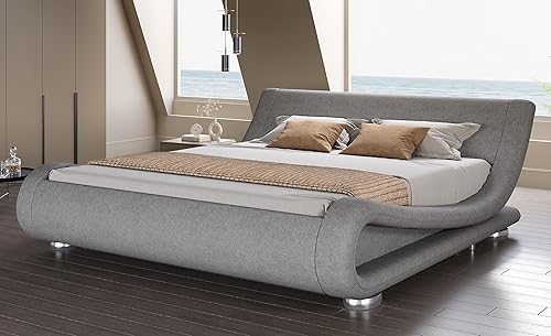 Miniatura 1 de SHA CERLIN Base de cama tapizada de tamaño matrimonial, cama de trineo de perfil bajo de lujo con cabecera ergonómica de lino, no necesita somier y