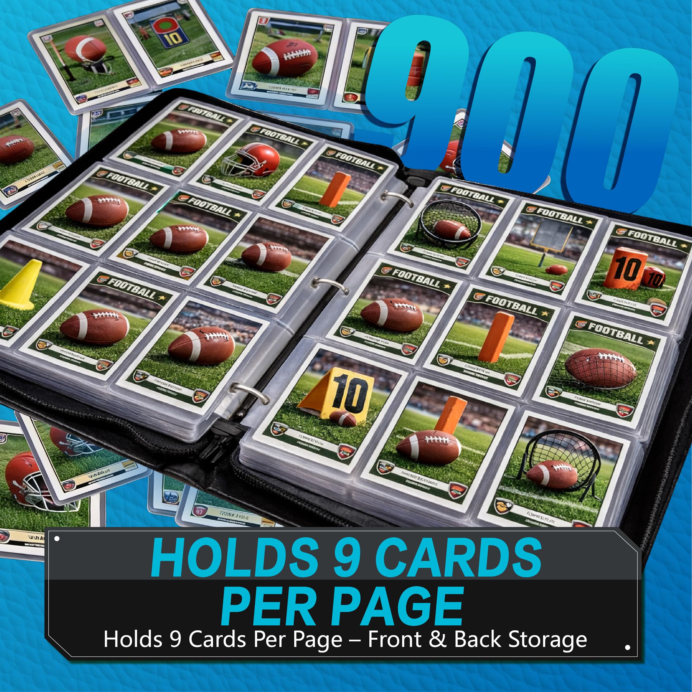 XS04 Classeur pour cartes de football avec pochettes, 9 pochettes de protection pour cartes de football avec fermeture éclair, peut contenir 900 cartes avec 50 pochettes amovibles, étui de transport