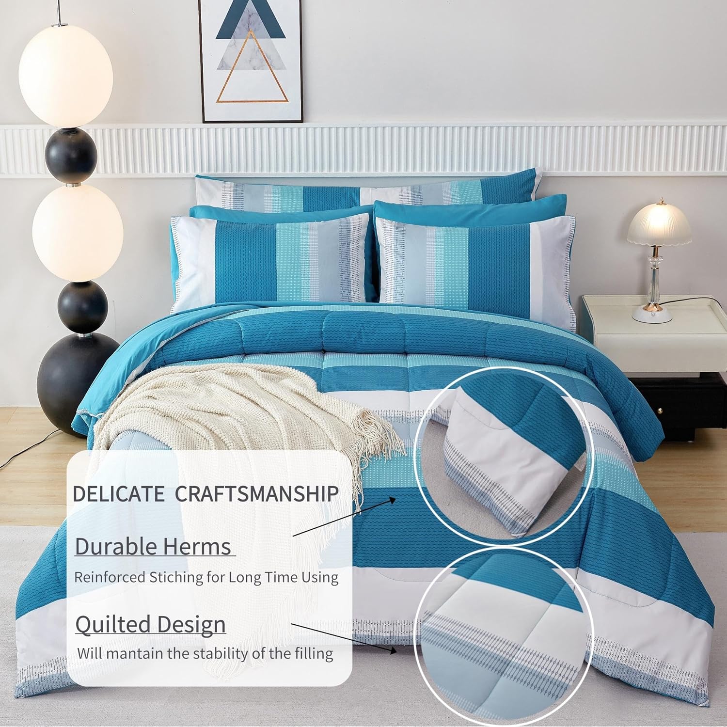 RYNGHIPY 8 Pieces Teal Grey Full Bed Comforter Sets, Soft All Season Boys Men Women Comforter Bedding Set, Turquoise Stripe Colorblock Bed in a Bag Lightweight Fluffy (Full,Teal Grey) - Image 3