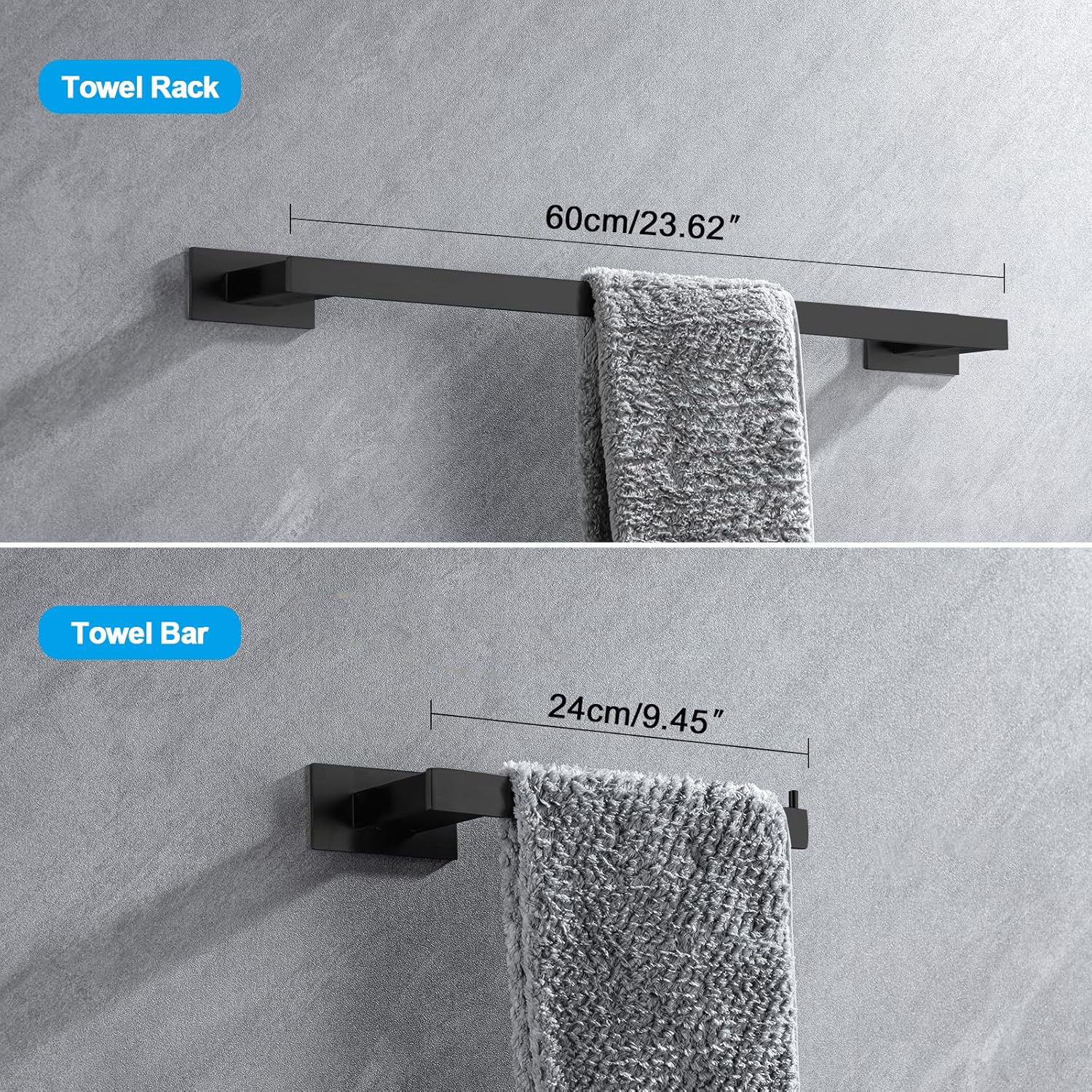 4-Pieces Bathroom Hardware Accessories Set, Towel Rack Towel Bar Toilet Paper Holder Towel Hook Self Adhesive Stainless Steel Towel Rack Set for Bathroom Wall Mounted, Matte Black 23 Inch