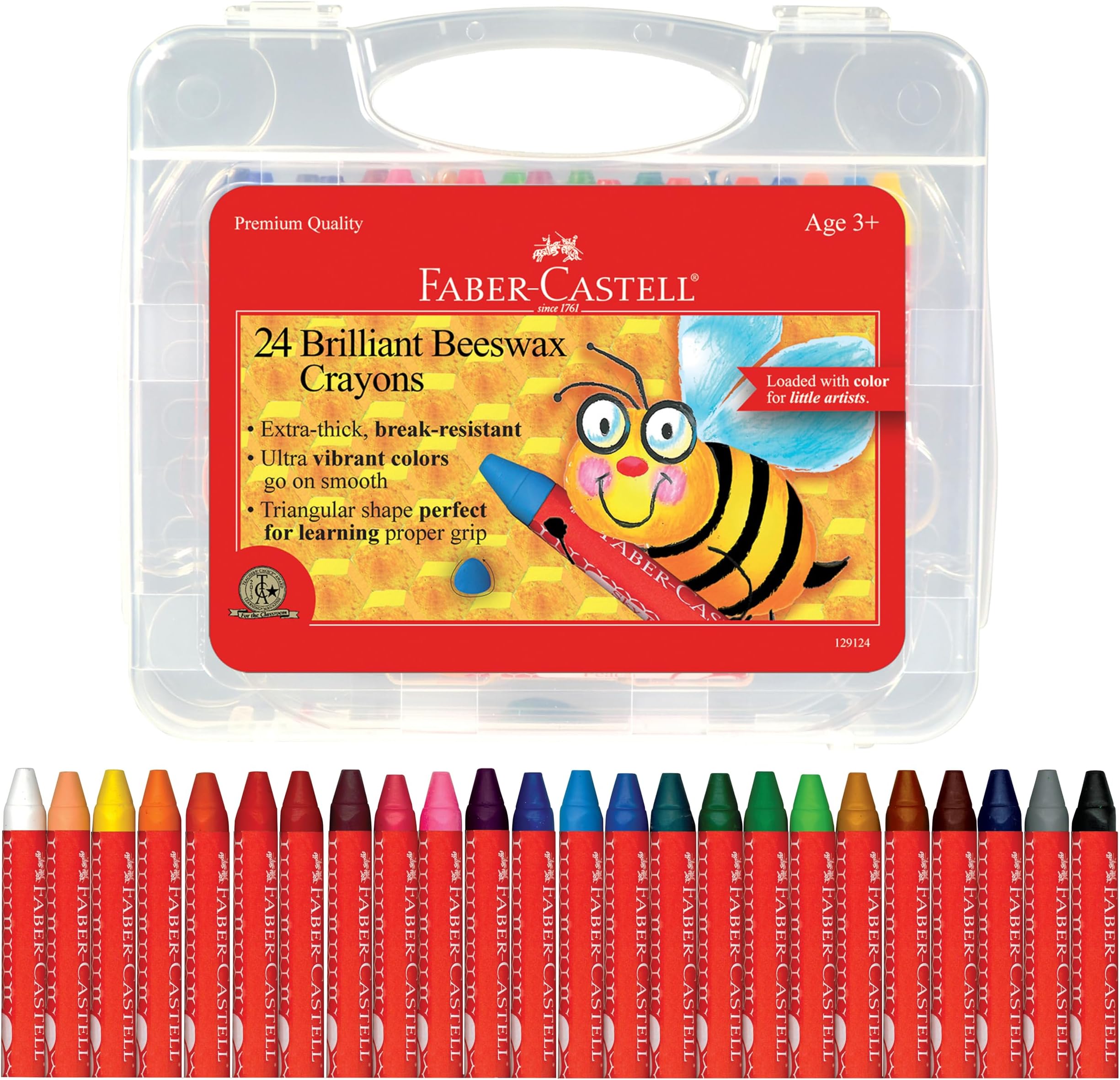 Beeswax Crayons in Durable Storage Case: Non-Toxic Jumbo Triangle Crayons for Toddlers, Travel-Friendly Toddler Art Supplies for Kids (Ages 3+) (24 Count)