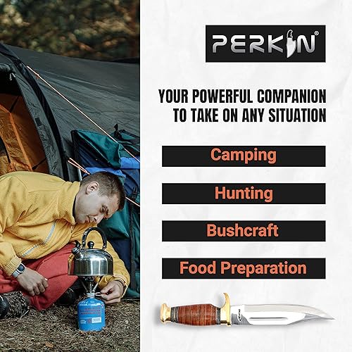 Miniatura 2 de Perkin Knives Cuchillo Bowie, de acero inoxidable 440c, hecho a mano, para caza, con manija de piel.