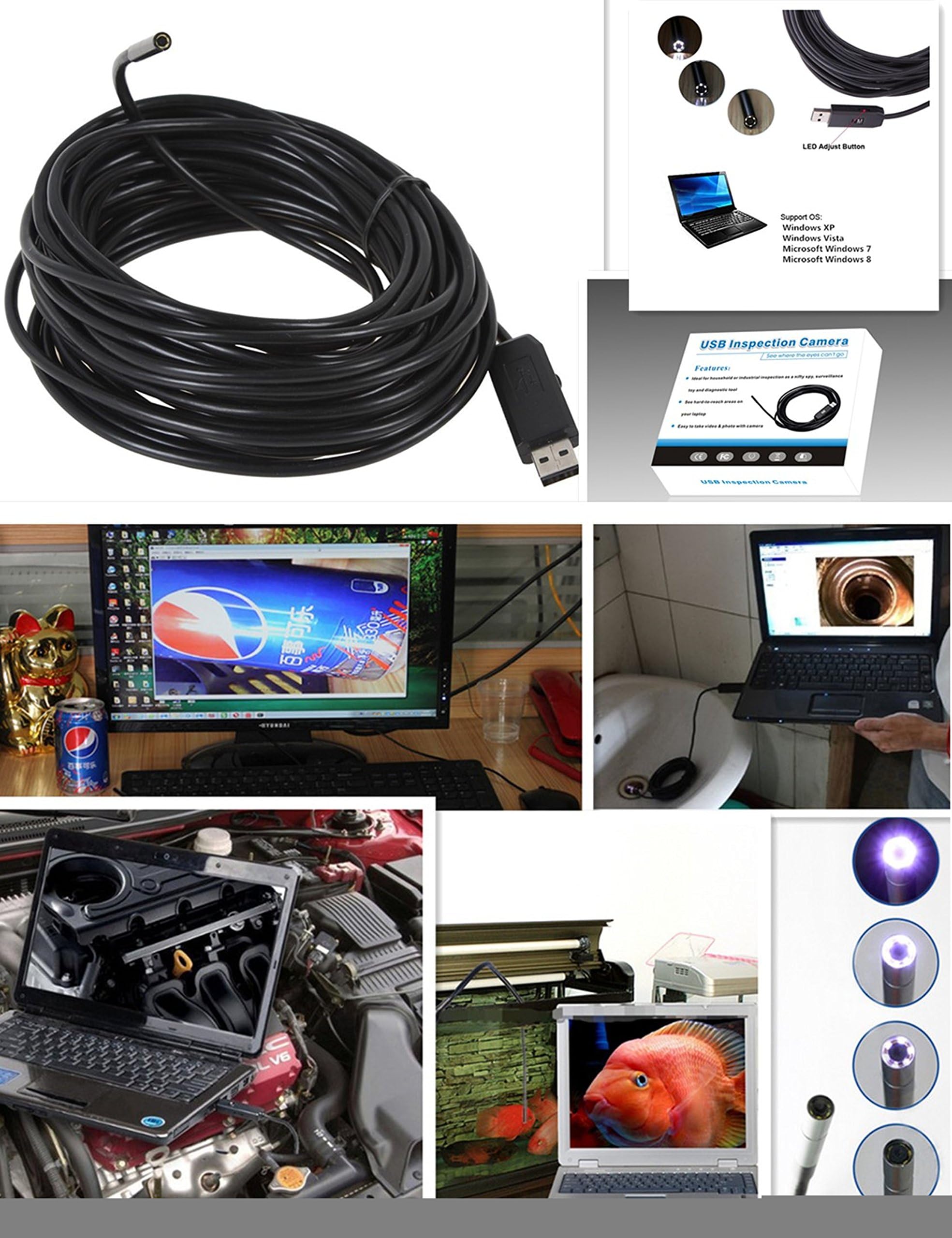 Chinscope 77AC 5m(16.4ft) 5.5mm HD 0.3MP USB IP67 Waterproof Snake Inspection Camera Pipe Endoscope with a 5M flexible Waterproof Tube