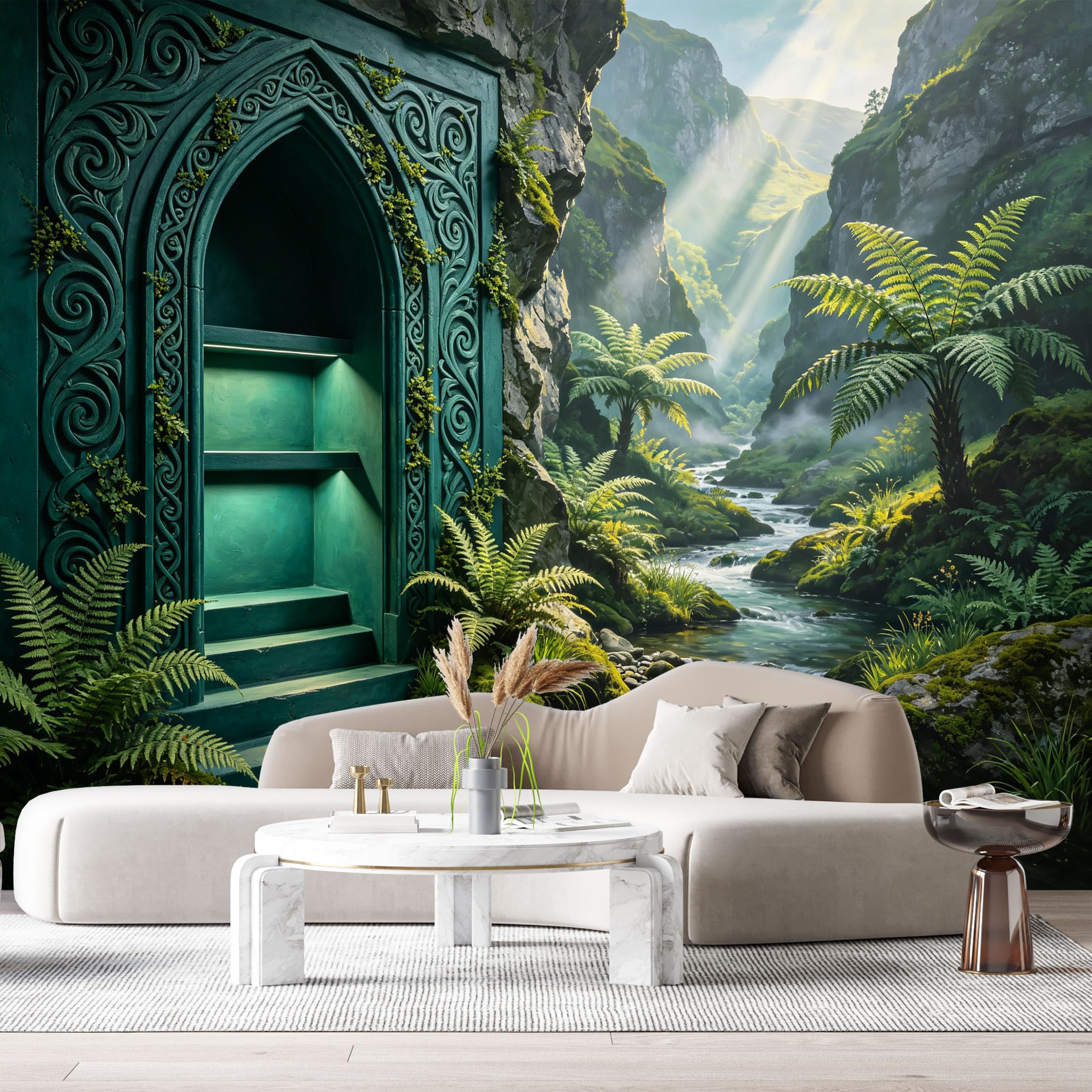 Custom Size Wall Murals Fantasy Mystical Archway Mountain Stream 3D Trompe L'Oeil SelfAdhesiveWall Fabric Removable Wallpaper Wall Decor for Living Room Bedroom Bathroom