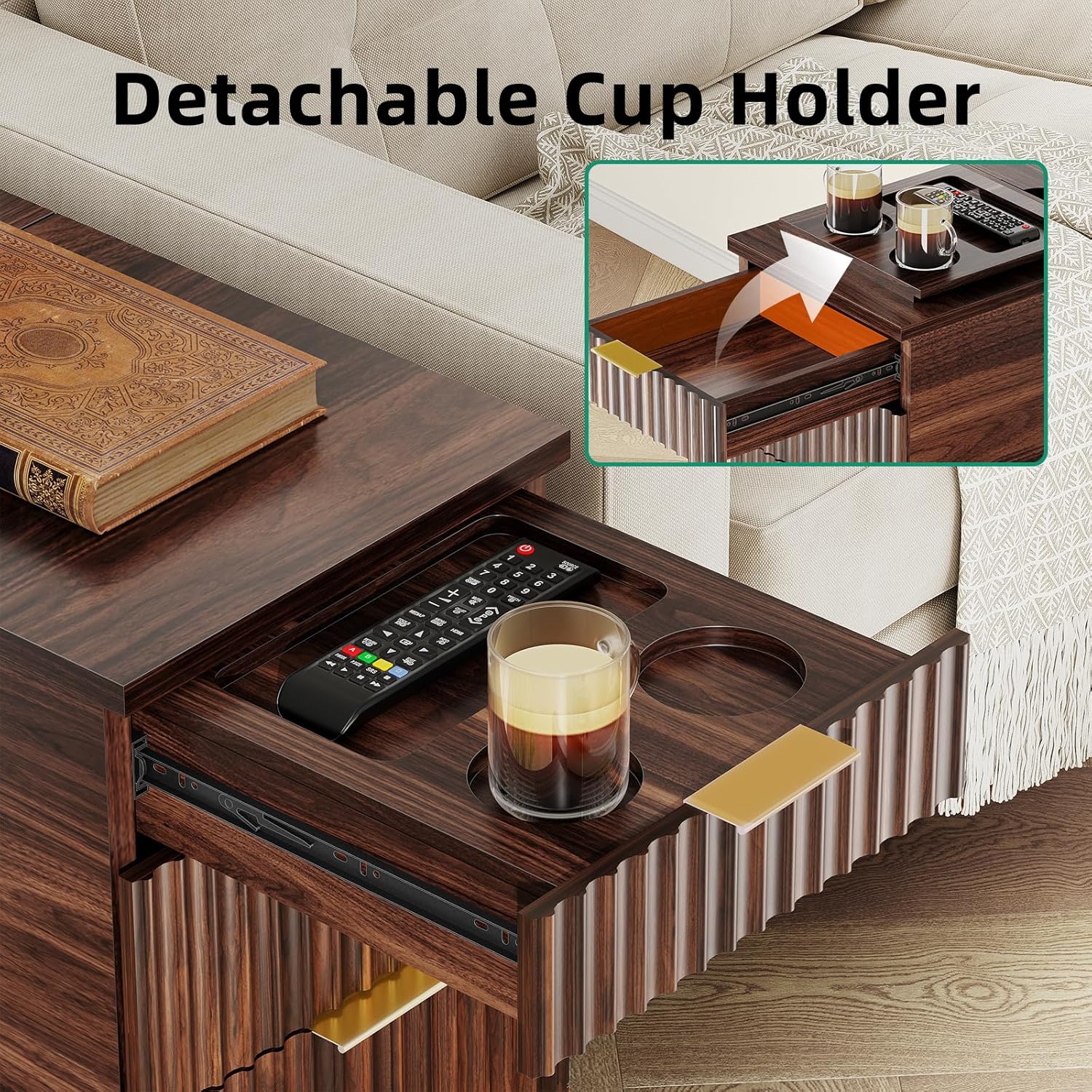Kalrin Charging Nightstand with Hidden Outlets & 3 Drawers, Modern End Table, Bedside Table with USB Ports, Wave Groove Design, Compact Size, Heavy Duty Engineered Wood, Vintage Brown