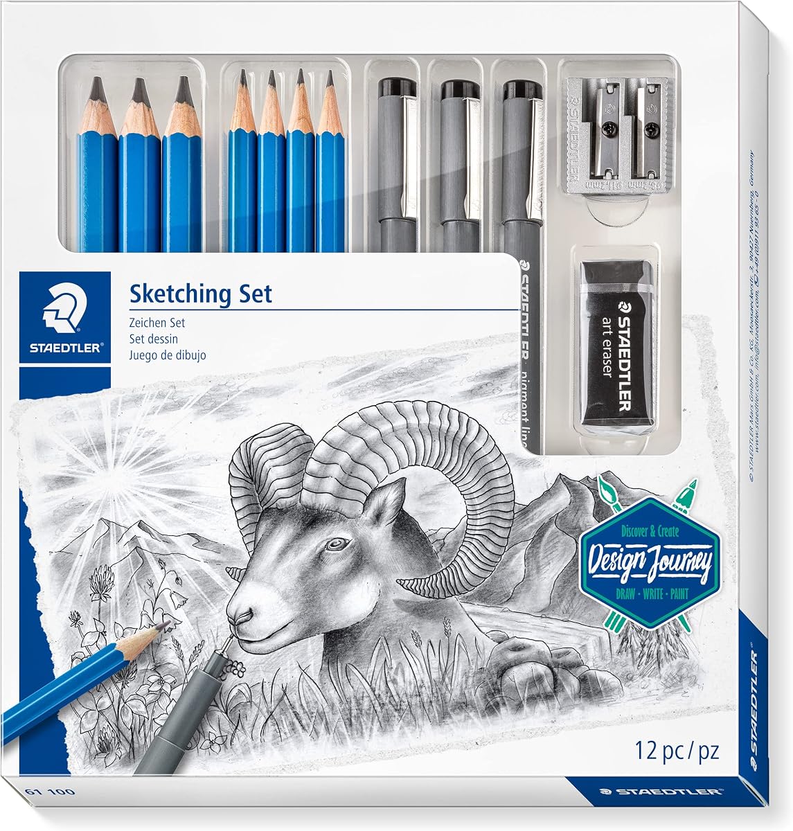 Staedtler Mars Lumograph Art Set | Drawing Kit with Art Pencils, Drawing Pens, Eraser and Double Hole Sharpener (61 100)