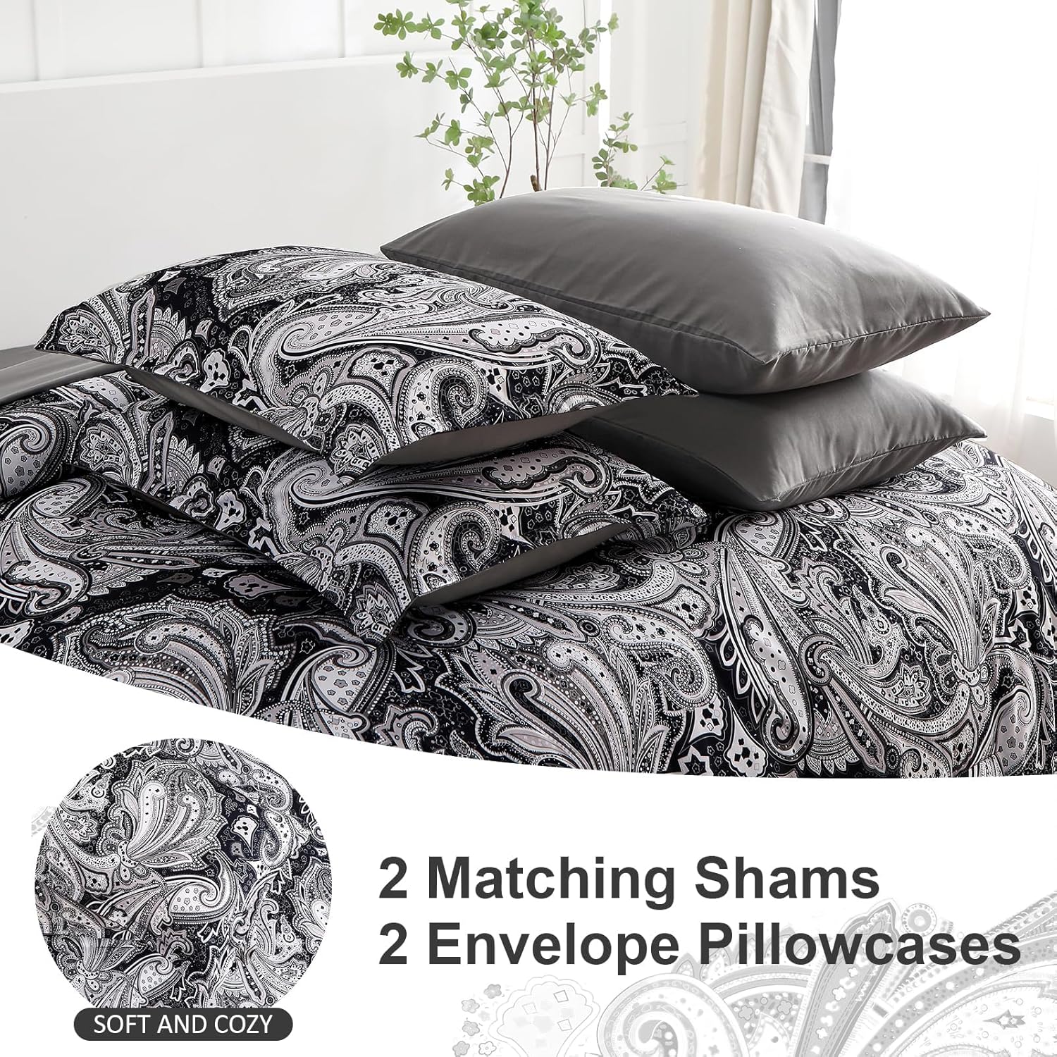 DJY Black Paisley Comforter Set King Size, 7 Piece Bed in a Bag Black Gray Boho Paisley Pattern Comforter Set, Soft Lightweight Microfiber Reversible Bedding Set for All Season (104''x90'') - Image 6