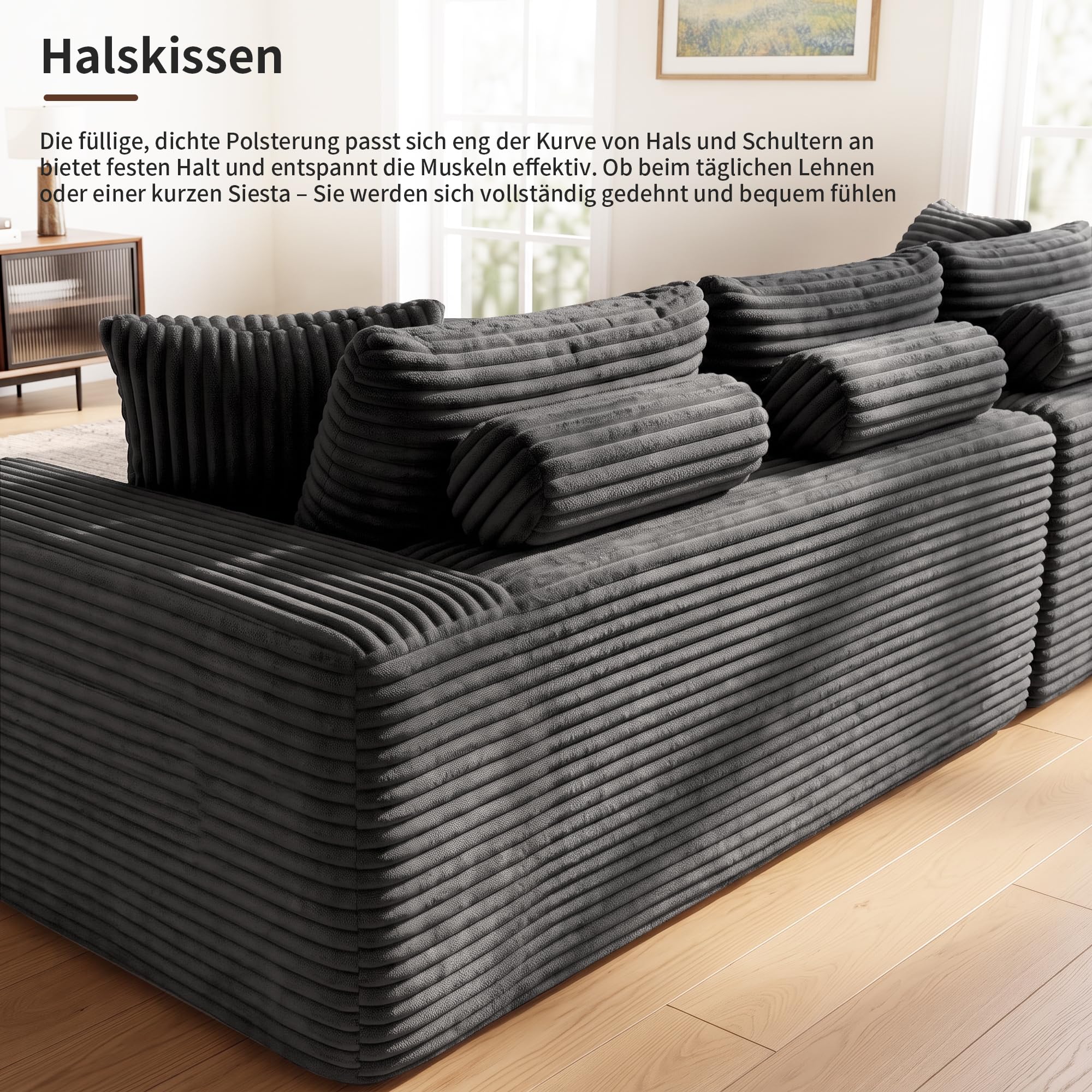 BonVache Ecksofa mit Schlaffunktion, 3-Sitzer Sofa mit Tassenhalter und Seitenfach, Cord Cloud Couch mit Nackenkissen, Tiefer Sitzfläche, L-Form Boneless Couch für Wohnzimmer, Grau
