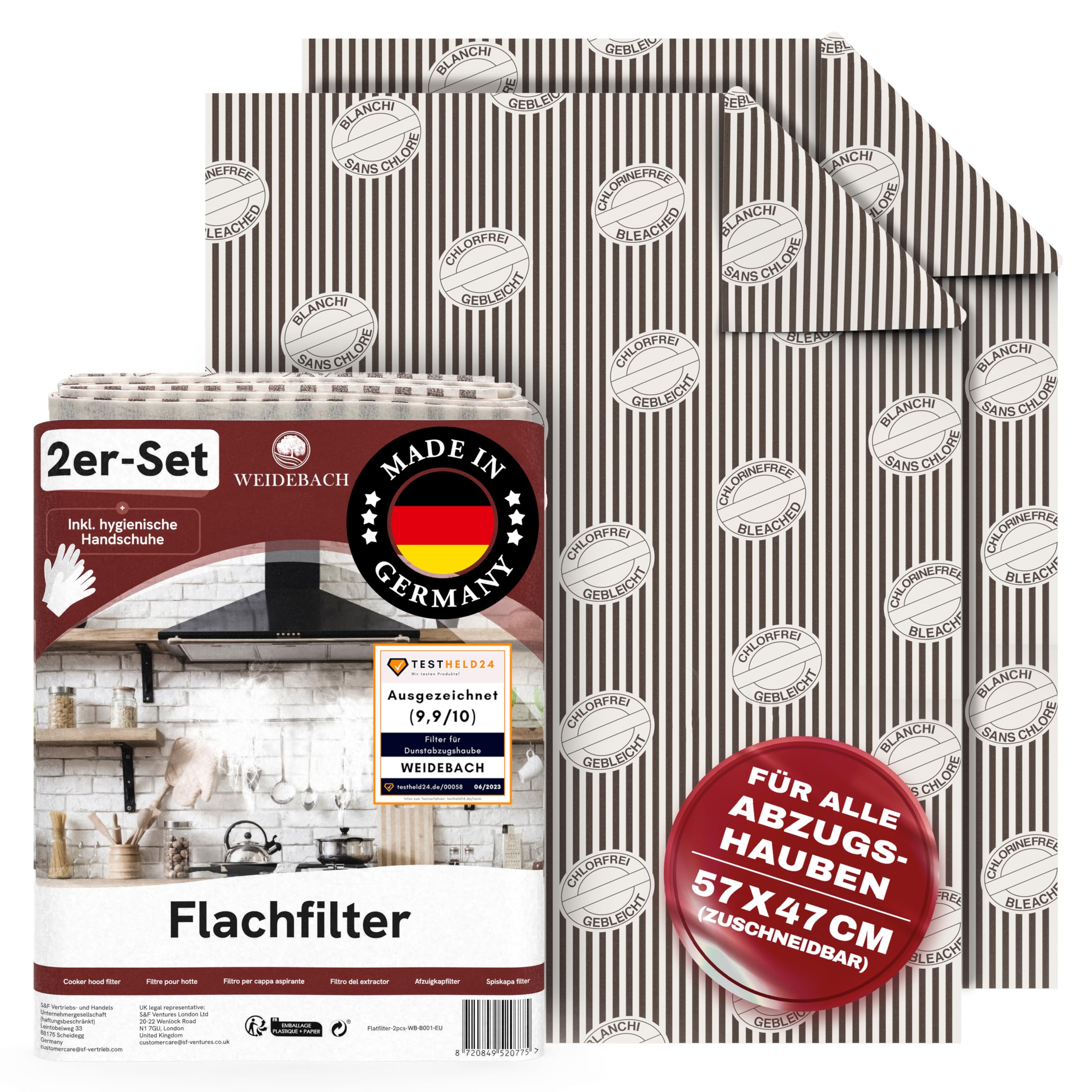 WEIDEBACH® 2x Flachfilter für Dunstabzugshaube (Fettfilter), 57x47cm, 1mm dick, zuschneidbar Filter Dunstabzugshaube, mit Sättigungsanzeige, TOP Filterleistung, 100% kompostierbar, Abzugshaubenfilter