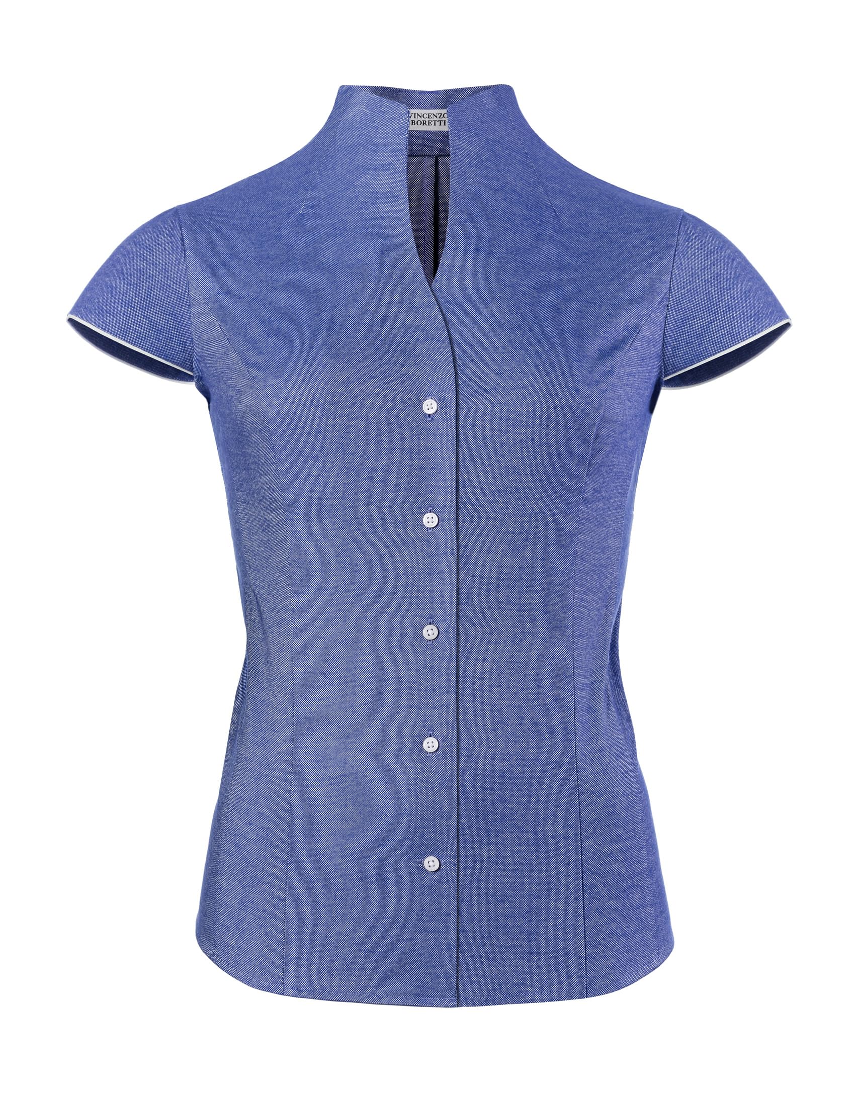 Vincenzo Boretti Damen Bluse mit Kelchkragen leicht tailliert 100% Baumwolle bügelleicht Kurzarm ärmellos Hemdbluse mit Stehkragen elegant festlich auch für Business